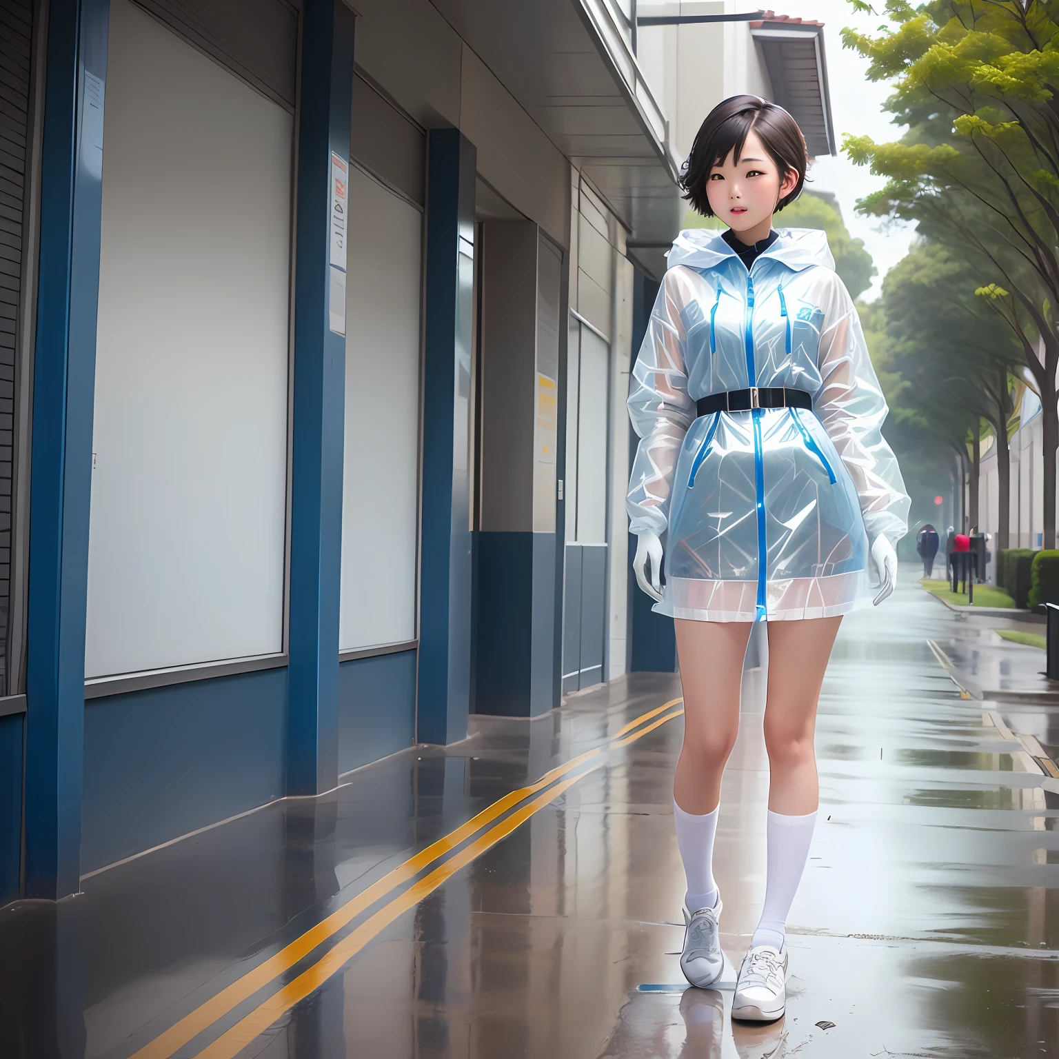 A female junior high school student White latex gloves Clear raincoat on campus Short hair White shoes Lower skirt 8k RAW photo