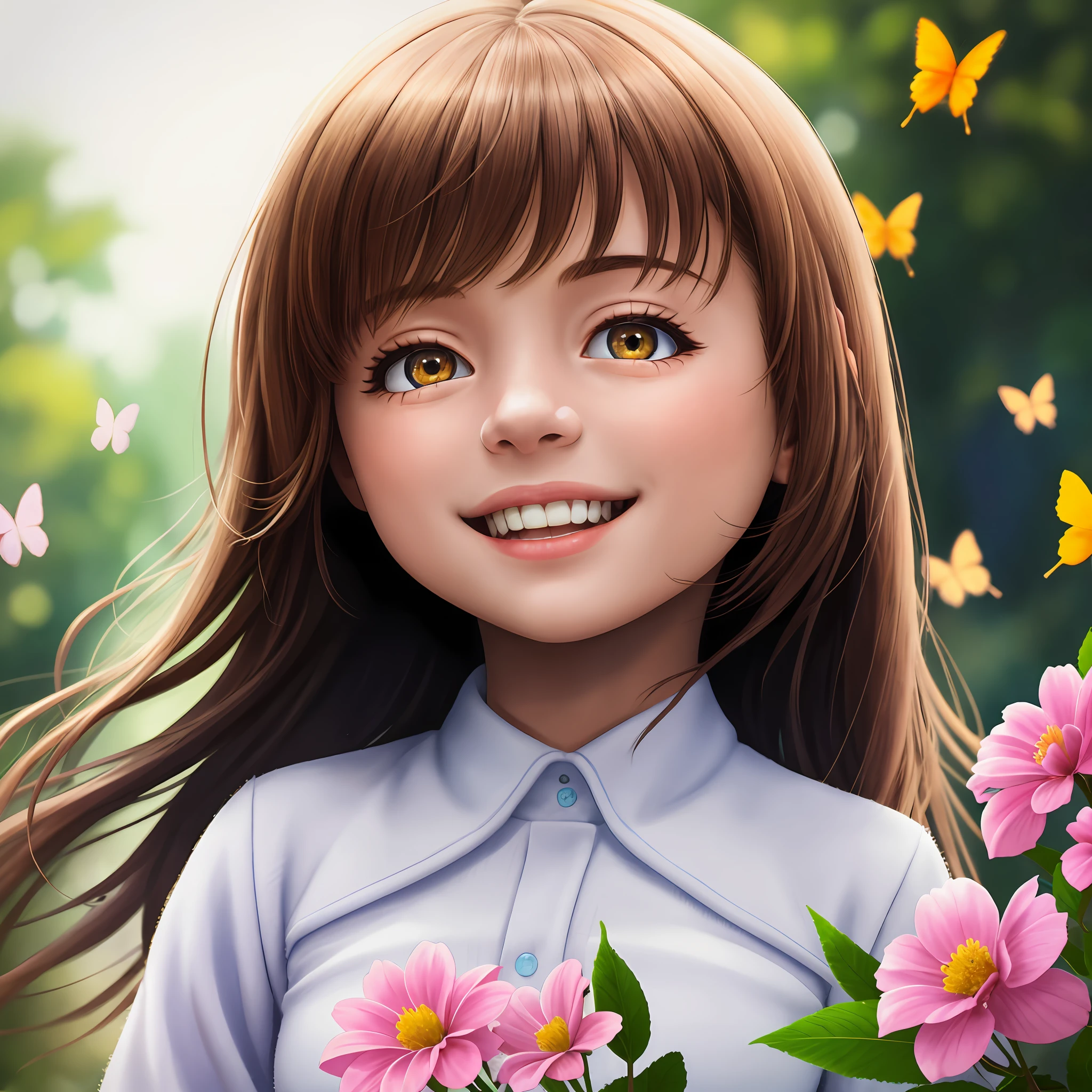 a smiling , Emma, ​​with bright brown eyes and flowing hair, She is surrounded by flowers and butterflies, feeling of joy (masterpiece:1.2) (photorealistic: 1.2) (bokeh) (best quality) (detailed skin: 1.3) (intricate details) (8k) (cinematic lighthing) (sharp focus)