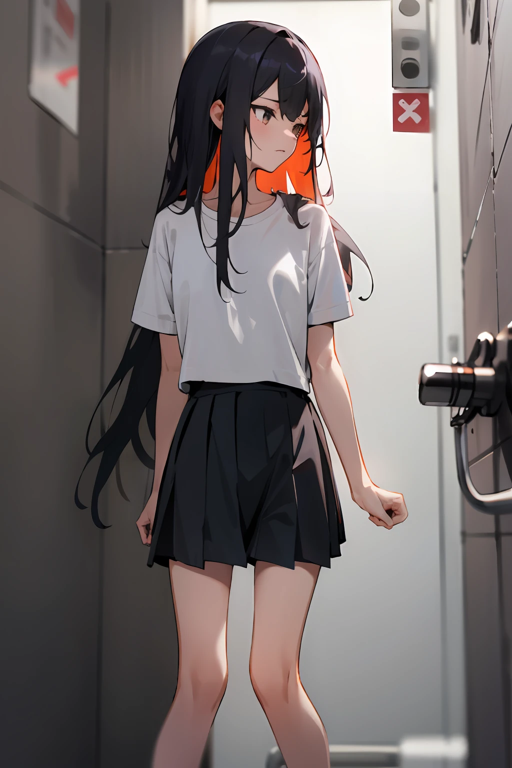 1 long hair、Girl with loose white T-shirt and black pleated short skirt,1 girl is taking to lavatory,looks away,are standing,embarressed,Be red in the face,Keep one's mouth shut,street corner(girl is peeing self:0.4)