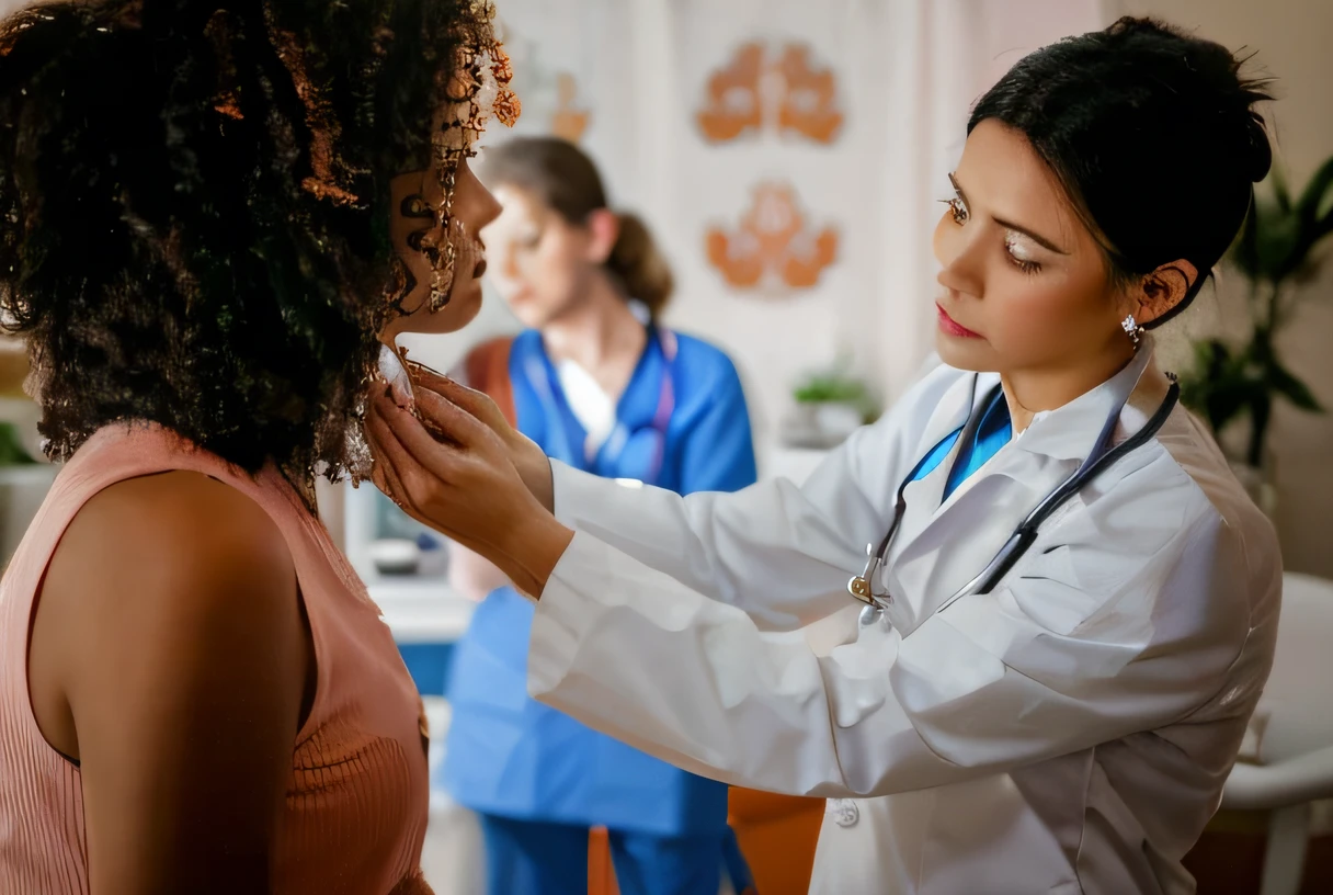 Arafed woman getting her ear examined by a doctor, Foto de Stock, foto ainda, medical image, medical photography, foto - shot, with a stethoscope, Directed by: Kristian Zahrtmann, focused on her neck, medic, Shutterstock, Directed by: Emma Andijewska, vestindo jaleco e blusa, Imagem de Stock, doctors office