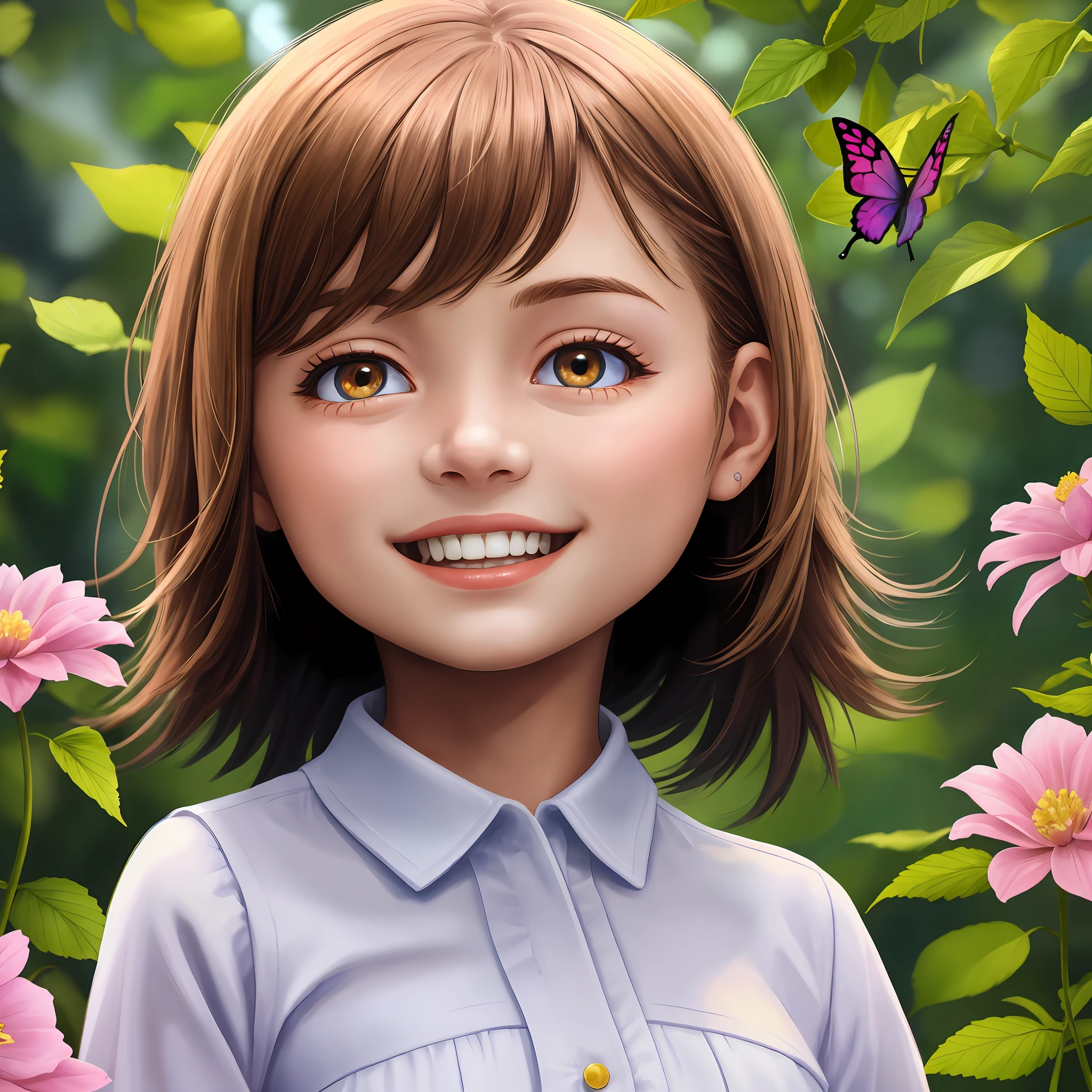 a smiling ***********, Emma, ​​with bright brown eyes and flowing hair, She is surrounded by flowers and butterflies, feeling of joy (masterpiece:1.2) (photorealistic: 1.2) (bokeh) (best quality) (detailed skin: 1.3) (intricate details) (8k) (cinematic lighthing) (sharp focus)