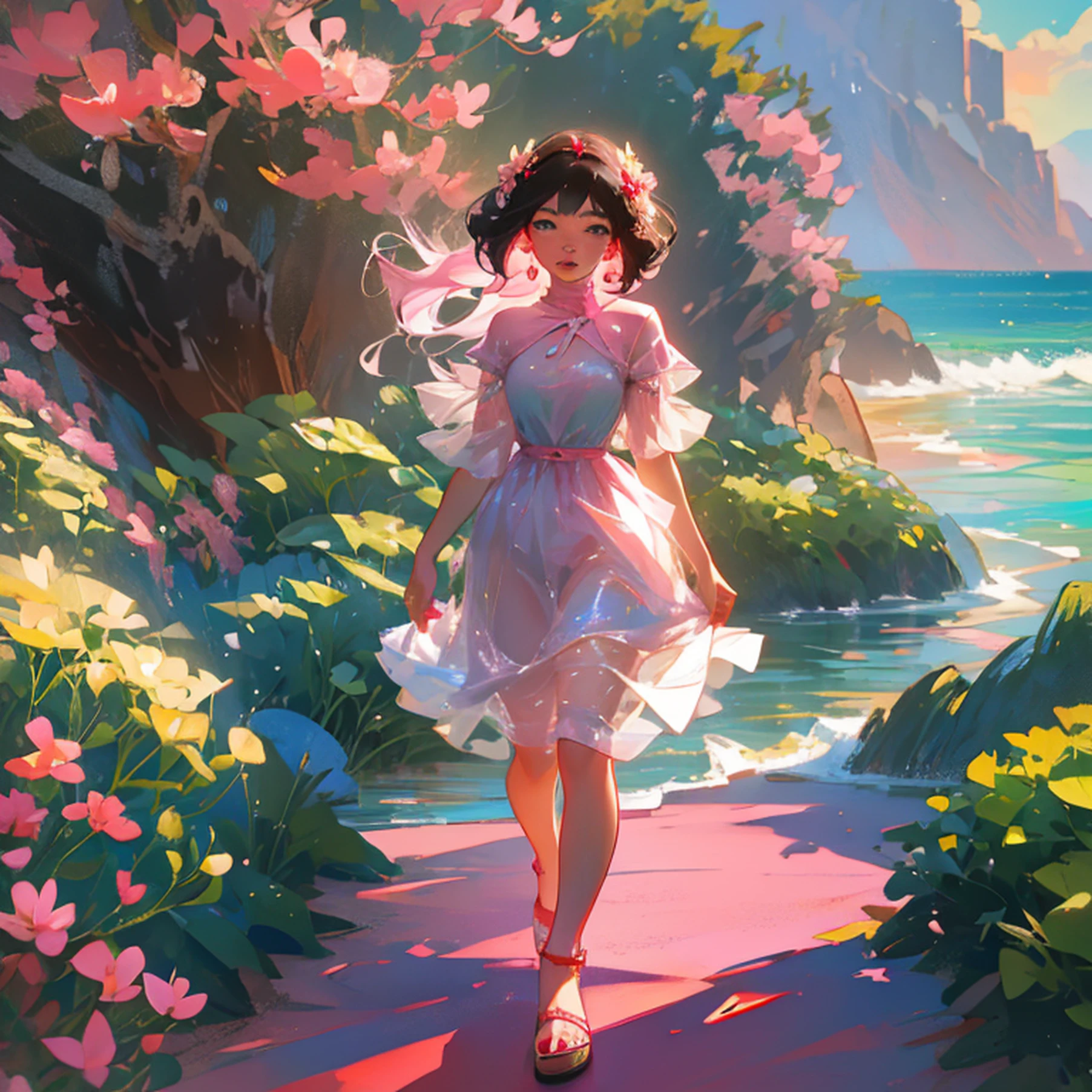 sea beach，coconut palms，bit girl，Pale pink skirt，Long hair，Barefoot，Hold hands with mom and dad，Wear a garland on your head --auto