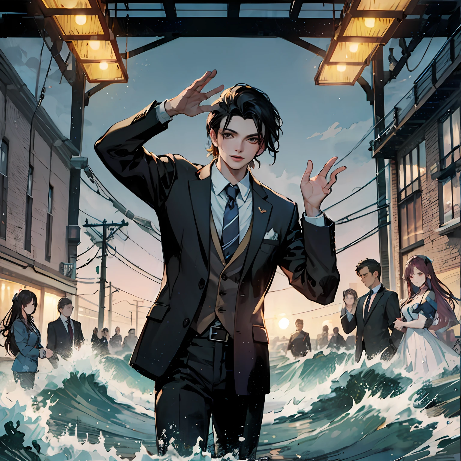 super high image quality，Delicate and gorgeous，Recreate realistic colors and ink hand-drawn styles，Men wear suits and ties，cartola preta，Dance alone with your hands held high in the light，Like Michael Jackson。