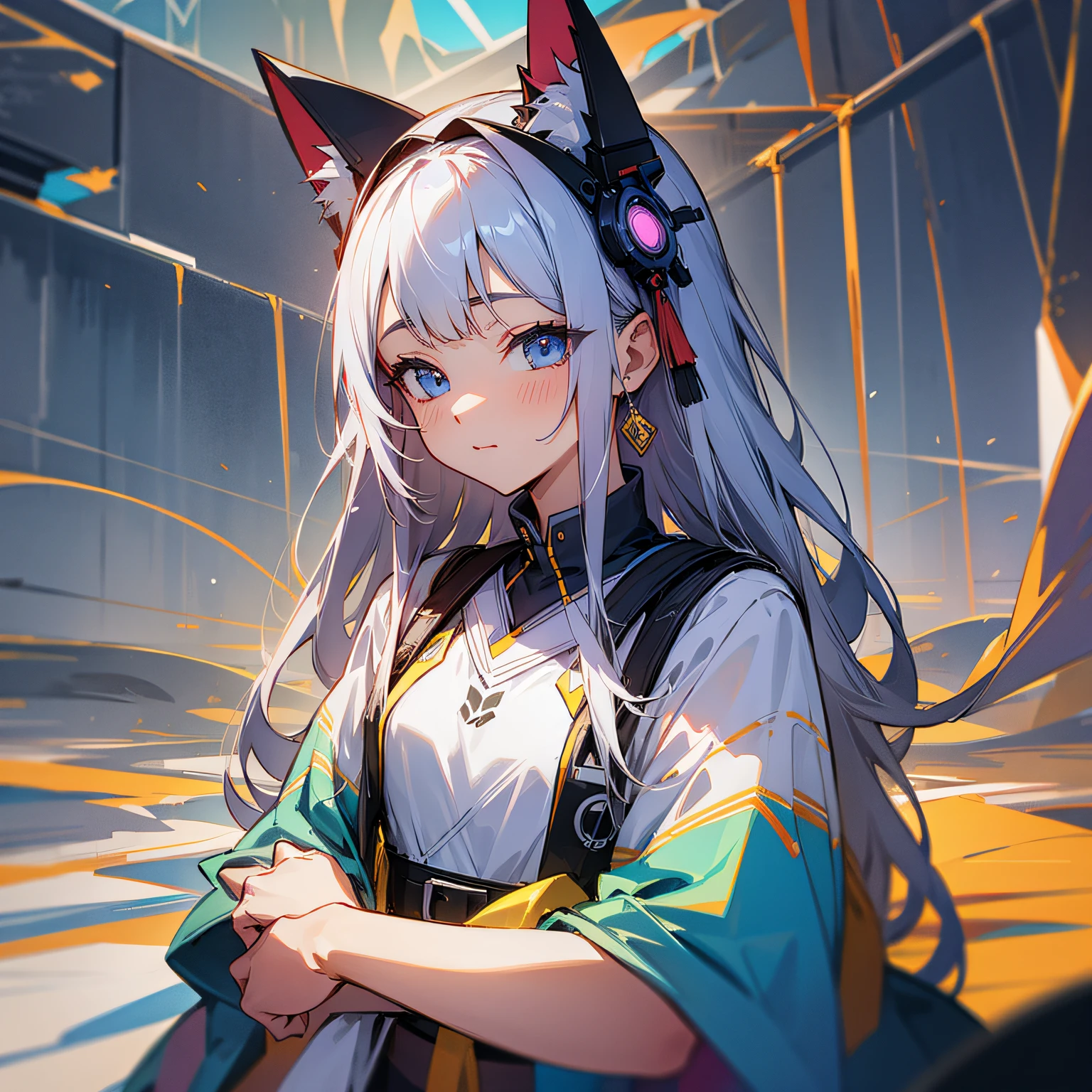 black hair, hair bobbles, wince, longeyelashes, solid circle eyes, fake animal ears, light smile, ear blush, fang, streaked hair, multicolored hair, crown, heart-shaped pupils, crystal earrings, fox ears, light smile, drop shadow, anaglyph, stereogram, tachi-e, pov, atmospheric perspective, Surrealism, high detail, Conceptual art, cinematic lighting, ray tracing, super detail, ccurate, best quality, UHD, 16k, highres --auto