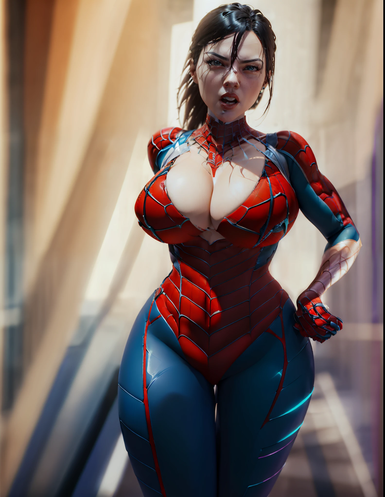 3D female Spider-Man,Sexy flight in the background,dynamicposes,tmasterpiece,A high resolution,realisticlying,best qualtiy,lighting perfect,AS-Adult,mature,femele,1girll,8K,realisticlying,photograph realistic,ultra - detailed,full bodyesbian,tmasterpiece, High- sharpness, high high quality, Detailed face, detailed body render, 1girll, 独奏,Sleeveless clothing,big cleavage breasts,, Sleeveless shirt,, Dark lips, Unzipped jacket, exhibitionism,No bras, breasts out,, standing on your feet, Be red in the face, (In the bedroom),Full body photo,Orgasmic face,Mouth open,
