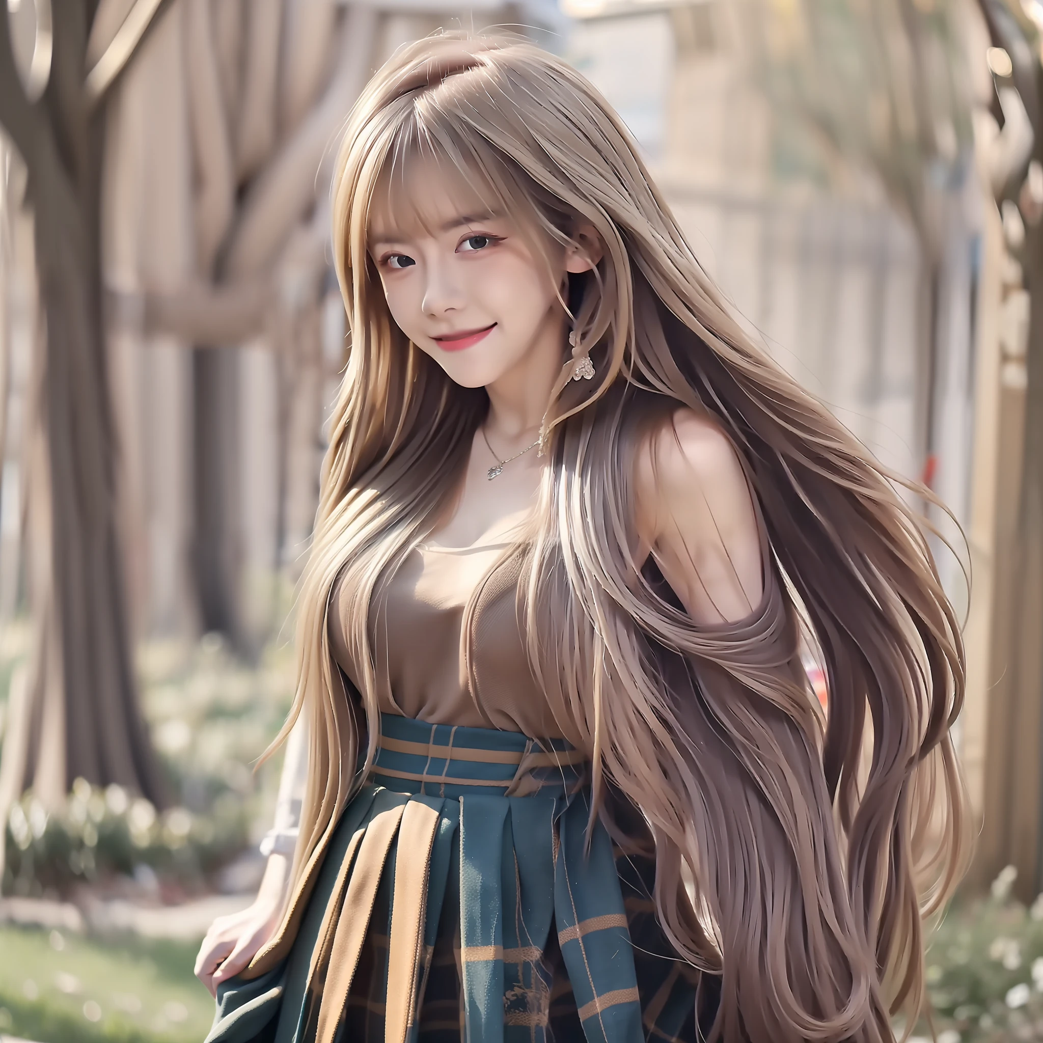 "((Beautiful picture, Best quality, k hd, Excellent depiction, Beautiful standing painting, outside,parks, It's exciting), (girl with super long hair+blond girl:1.2), Unique temperament, ssmile, Exudes fragrance,Scottish style folding skirt,) "