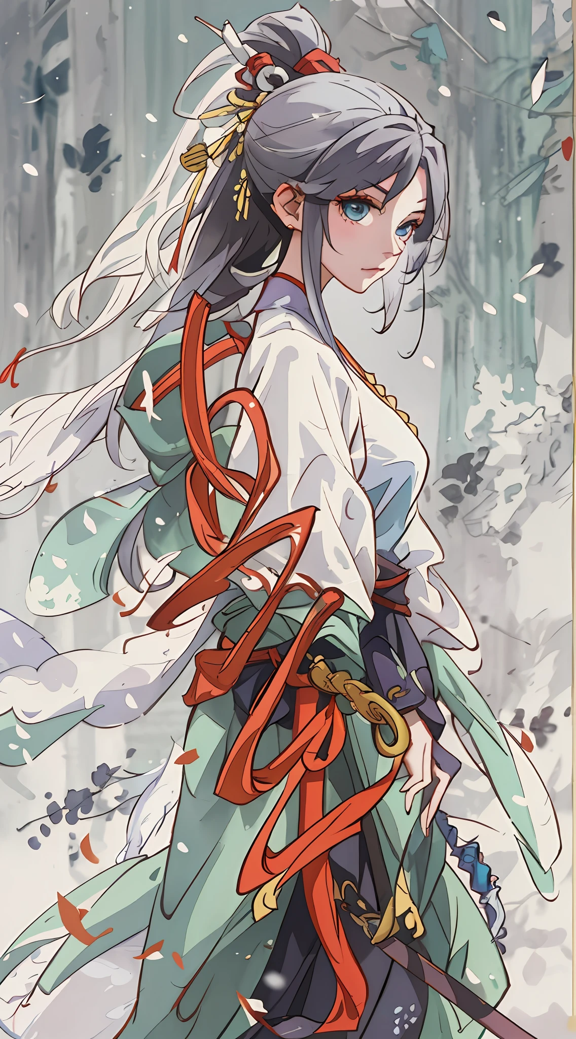 Anime characters with long hair and sword in the snow, by Yang J, Guviz, By Leng Mei, Wuxia, full-body wuxia, novel cover, Inspired by Zhao Yuan, Palace ， A girl in Hanfu, inspired by Zhang Wo, onmyoji, inspired by Zhan Ziqian, author：Shitao，Red streamers fly，