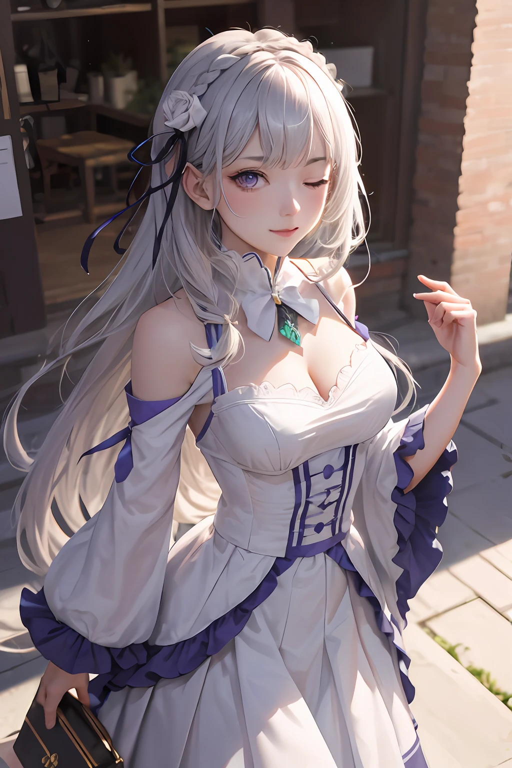 top-quality、hight resolution、ultra-detailliert、Emilia、Emilia Masterpiece、top-quality、 1girl in, bangss, Bare_shoulders, blunt_Bangs, bblurry, Blurry_Background, Blurry_Foreground, red blush, Braids, breastsout, cleavage of the breast, Closed_Mouth, ​​clouds, diadems_braid, tag, Depth_In the_field, Detached_sleeves, doress, Emilia_\(Re:Staynight\), eyebrows_Visible_through_hair, florals, Pedras preciosas, hair_flower, hair_ornament detached, hair_bow ribbon, lens_f lare, long_hair, up looking_で_viewer, low-tied_long_hair, Medium_breasts, One_eye_Closed, plein air, pleats_Skirt, spiky_Ears, Purple_Eyes, Purple_bow ribbon, bow ribbon, Silver_hair, skirt by the, Skysky, A smile, 独奏, very_long_hair, white_flower