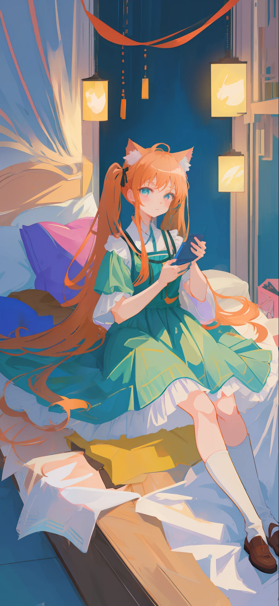 Anime girl with orange hair and cat ears sitting on bed, anime visual of a cute girl, pink twintail hair and cyan eyes, Guviz, Best anime 4k konachan wallpaper, Splash art anime Loli, Soft anime illustration, Detailed digital anime art, cute anime waifu in a nice dress, clean and meticulous anime art, style of anime4 K