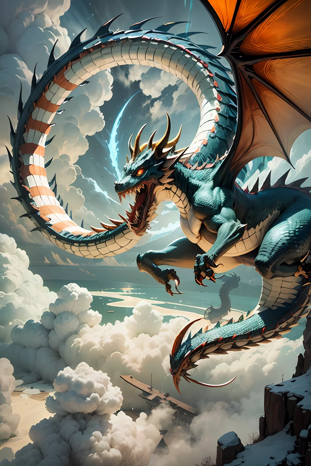 3D rendering of a magnificent Chinese dragon。The dragon's body is long and flexible, hidden in the clouds,Covered with shimmering scales,Reflects a dazzling multicolored light。It wears sharp horns and fiery red eyes on its head,Sharp eyes,It seems to exude an extraordinary intense light。The creature opens its huge jaws,A row of sharp teeth is exposed,And its powerful wings spread,Showing the power of solemnity and grace。From its nose to the tip of its tail,The dragon exudes a sense of power and mystery,It embodies the essence of ancient Chinese mythology。 --auto --s2
