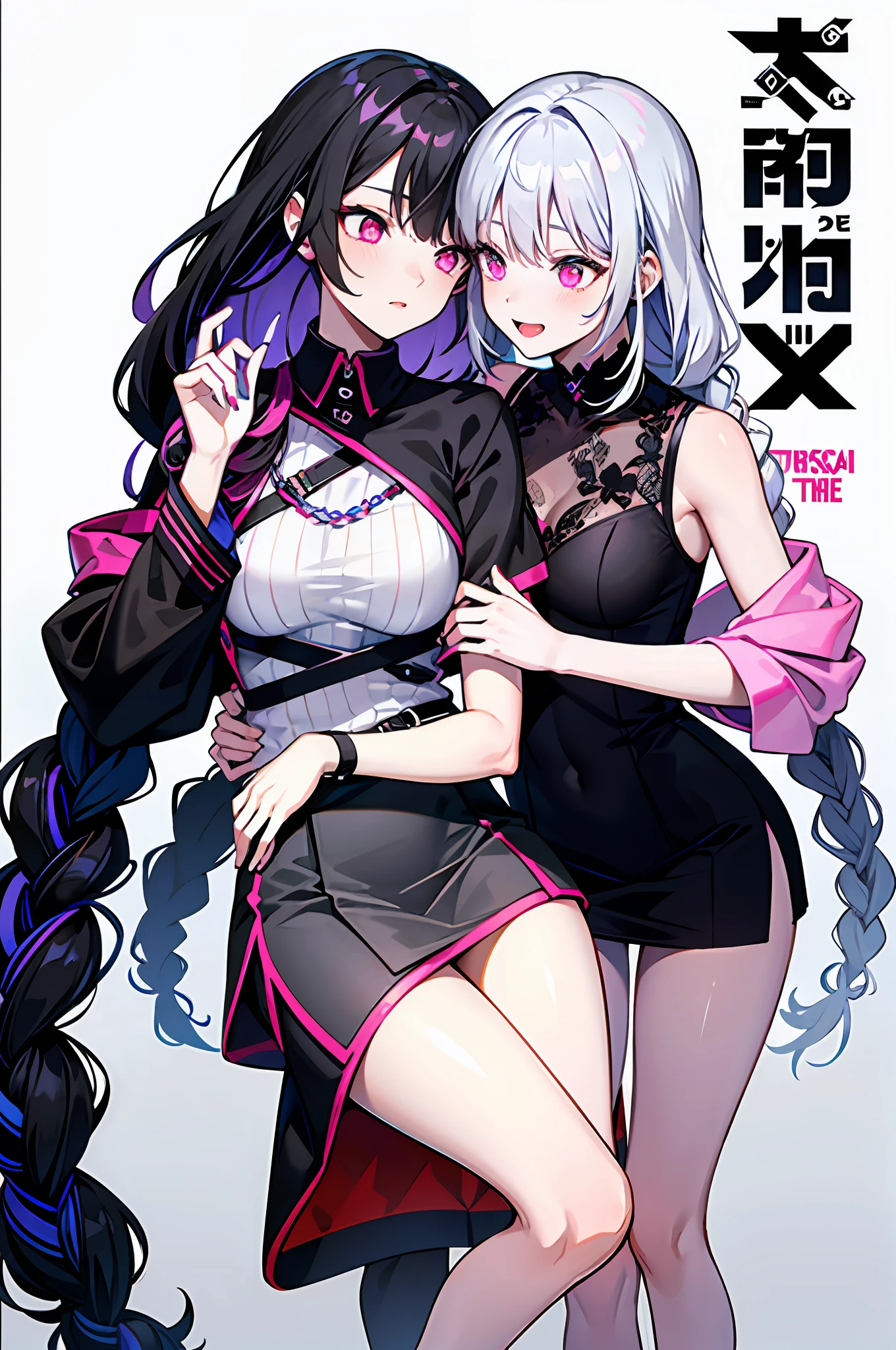 Pink eyes,sensual female,grey short skirt,black-long-braid,The background is an advertising version,vibrant with colors,Catchy,full bodyesbian,Cover of a,Fashionab,with dynamism,Need