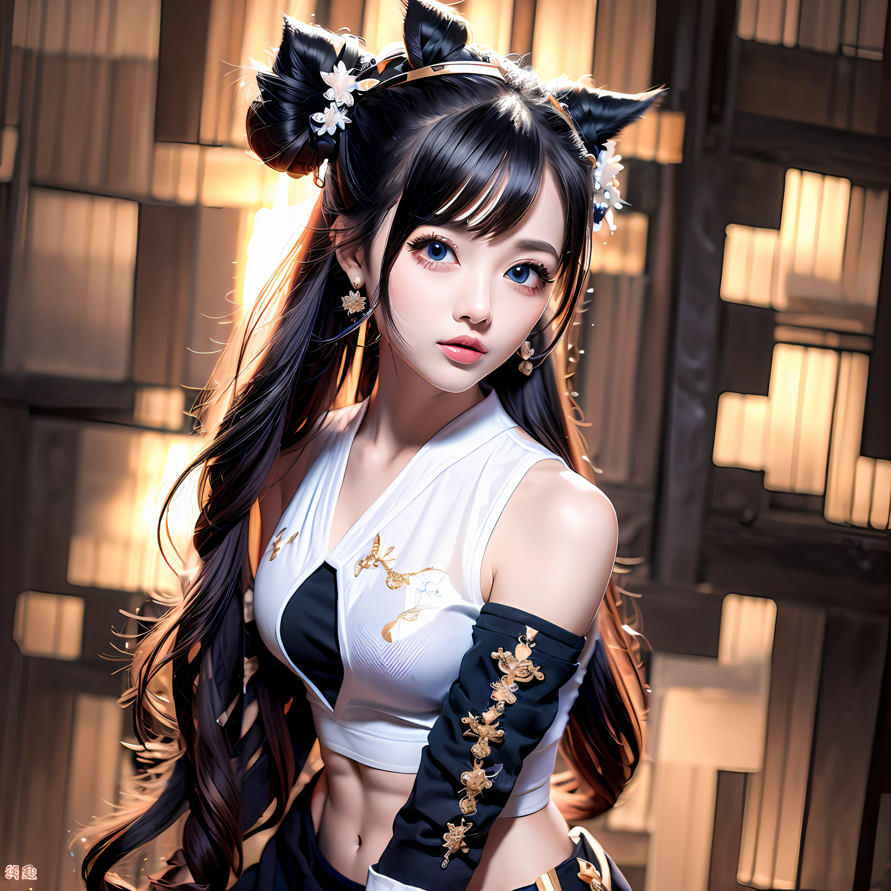 black hair, hair bobbles, wince, longeyelashes, solid circle eyes, fake animal ears, light smile, ear blush, fang, hair over shoulder, pointy ears, mole under eye, halo, tattooed girls, Surrealism, drop shadow, anaglyph, stereogram, tachi-e, pov, atmospheric perspective, anime style, three sided view, Wide-Angle, 8k, super detail, ccurate, best quality, high details, high quality, highres --auto