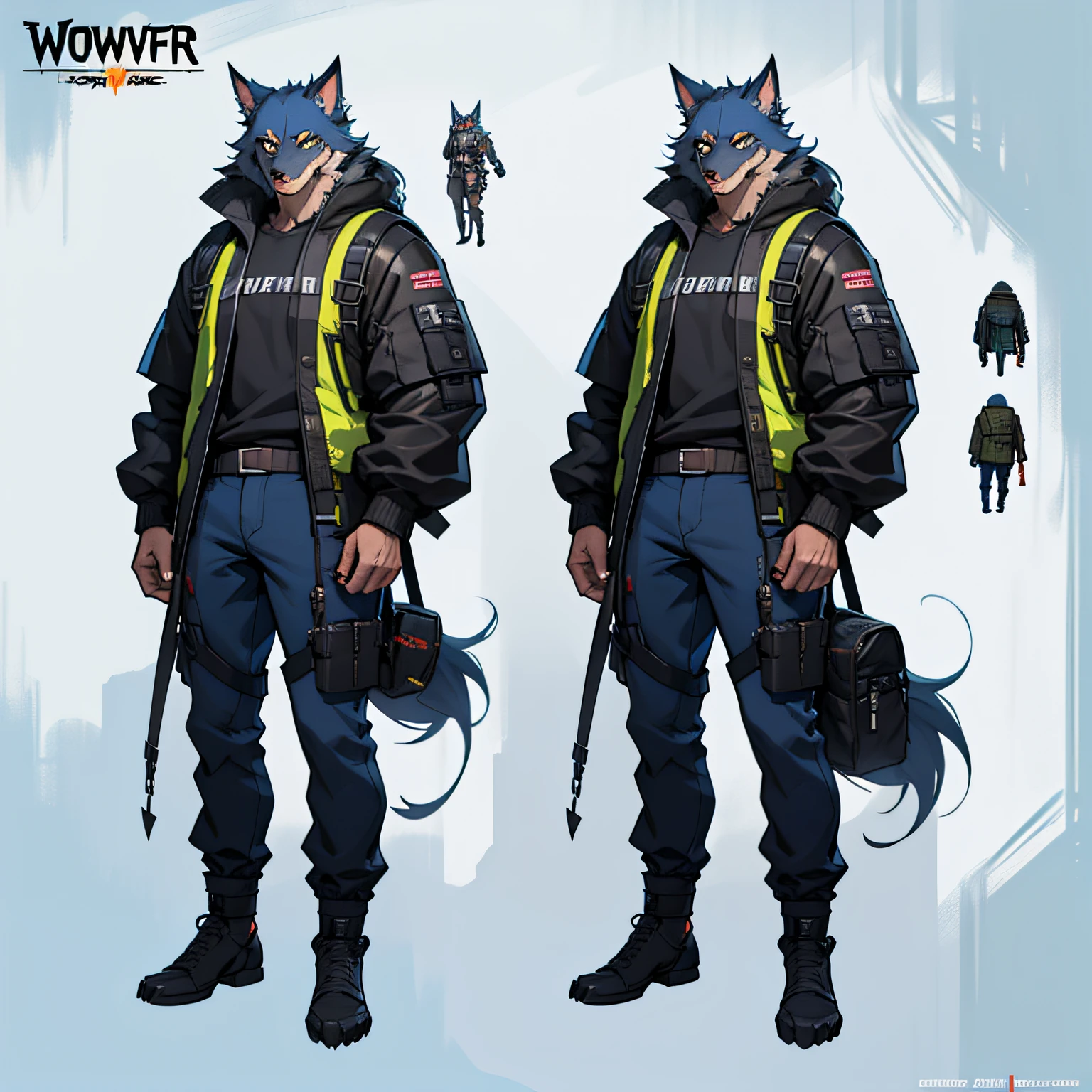 Anime werewolf standing side by side with gun and backpack, succinct,Casual clothing,detailed full body concept art, ( ( concept art of character ) ), full body concept art, full body concept, full body character concept art, Full body character design, detailed full-body concept, anime full body illustration, full body character concept, anime concept art, Full body illustration --auto