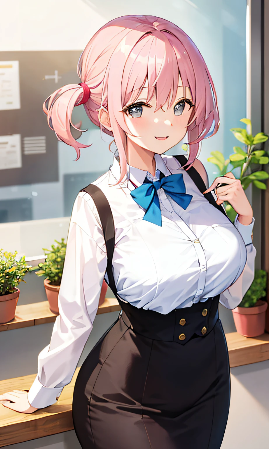 ((masterpiece, best)),(1girl),((mature woman)), light pink hair, dizzy, trumpet, ((office lady)), bangs, mid-chest, (full), slim, smiling, [wide hips] ,office,standing, aru \(blue archive\),