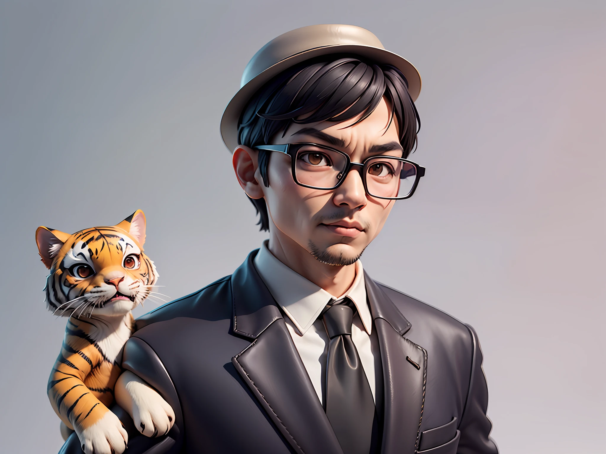 Young man with oriental face in leather hat, tiger, oriental face in formal suit, short black hair, silver glasses, digital painting, 3D character design by Mark Clairedon and Pixar and Hayao Miyazaki and Akira Toriyama, the illustration is a high-definition illustration in 4K resolution with very detailed facial features and cartoon-style visuals.
