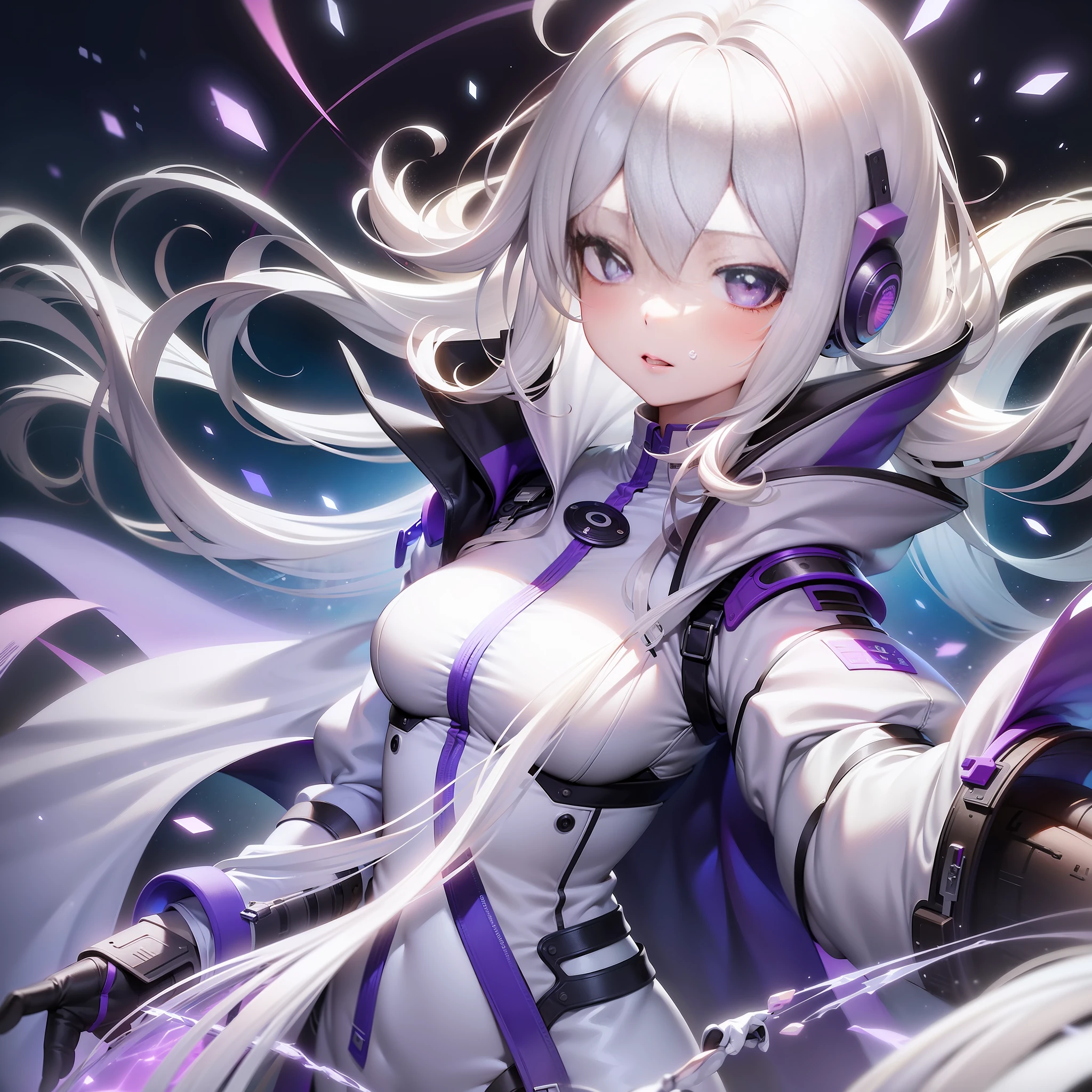 (Best image quality，style of anime，Highlight effect，High image density，8K分辨率)Ray traching，(Brisk sci-fi atmosphere，Elegant white-haired girl in white and purple cape，Deep purple pupils)cooperate(Simple sci-fi electronic purple pattern decoration)。