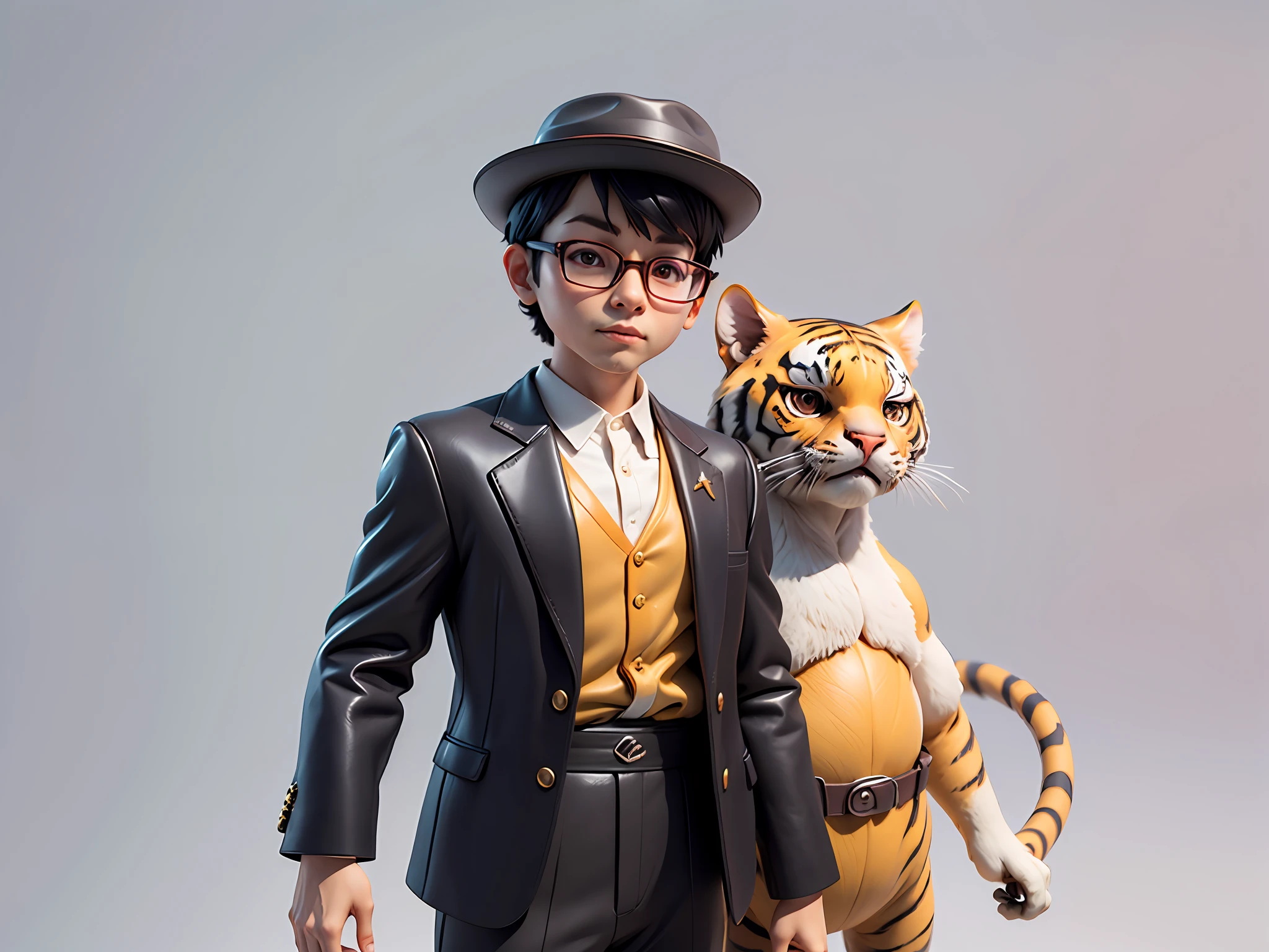 Young man with oriental face in leather hat, tiger, oriental face in formal suit, short black hair, silver glasses, digital painting, 3D character design by Mark Clairedon and Pixar and Hayao Miyazaki and Akira Toriyama, the illustration is a high-definition illustration in 4K resolution with very detailed facial features and cartoon-style visuals.