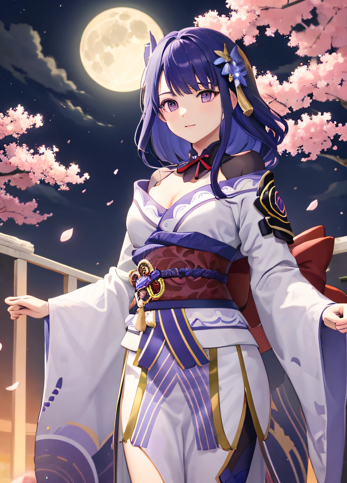 Raiden general,nigth,Under the full moon,Draw the knife solemnly,hilltop,sakura flowers falling