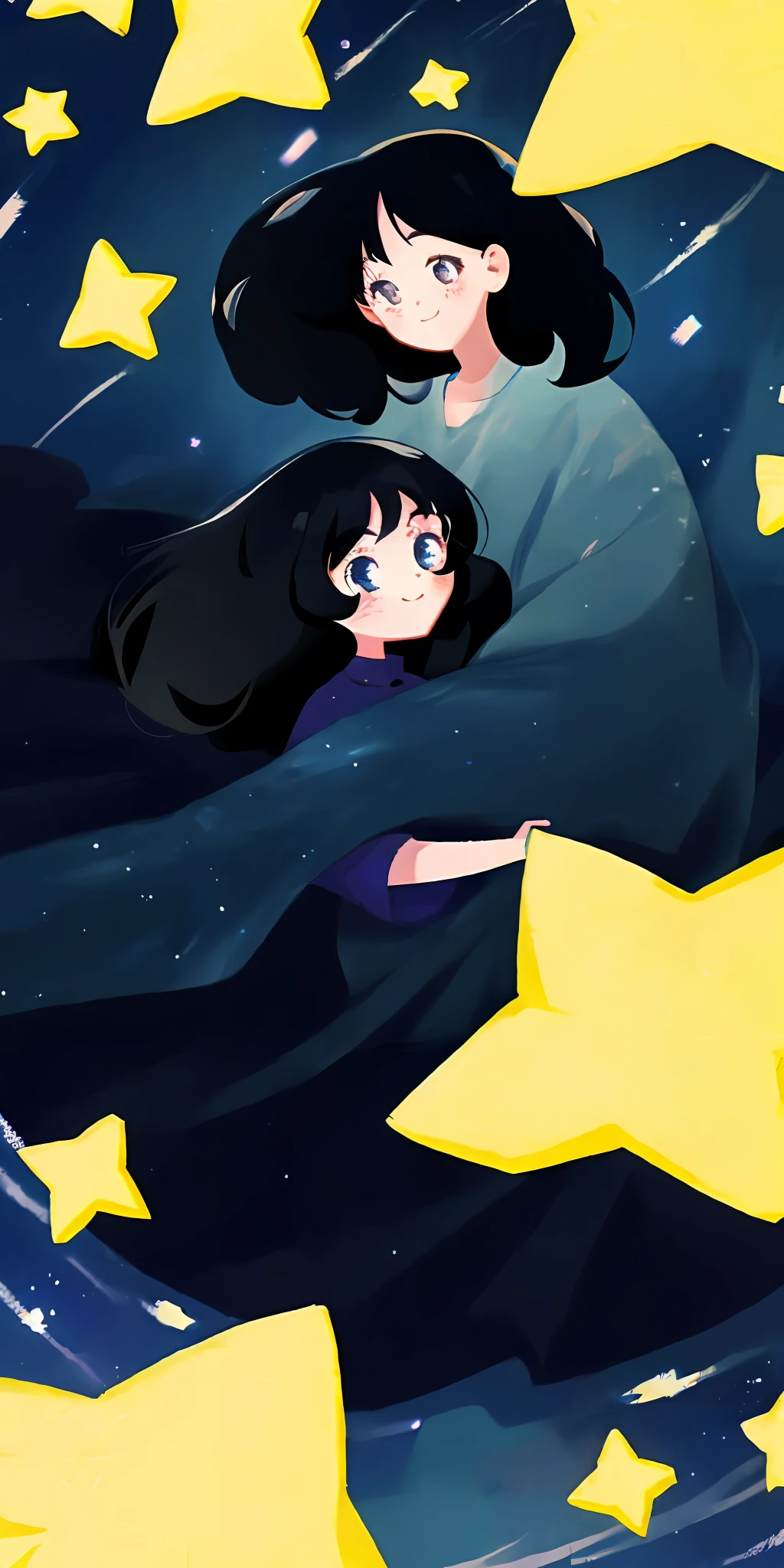 tmasterpiece，HD8K，Ultra detailed A girl with long black hair，Holding another short-haired girl with curly hair，Looking at each other under the stars