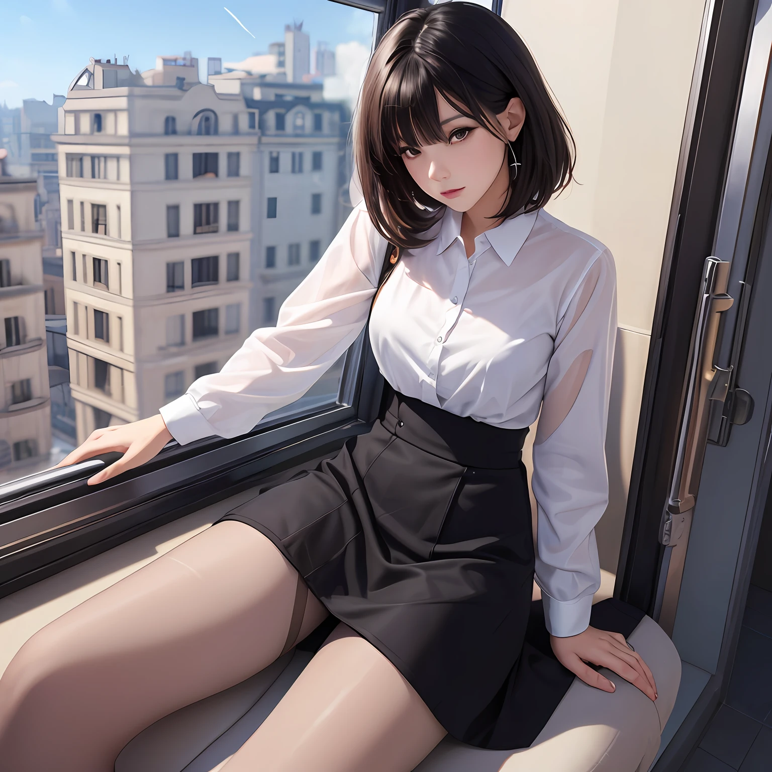 black hair, longeyelashes, Leaning against the window, white shirt, Black silk pantyhose, blush, one-girl, high-heels, drop shadow, anaglyph, stereogram, tachi-e, pov, atmospheric perspective, 8k, super detail, ccurate, best quality, textured skin, high details, high quality, UHD, high details, highres --auto