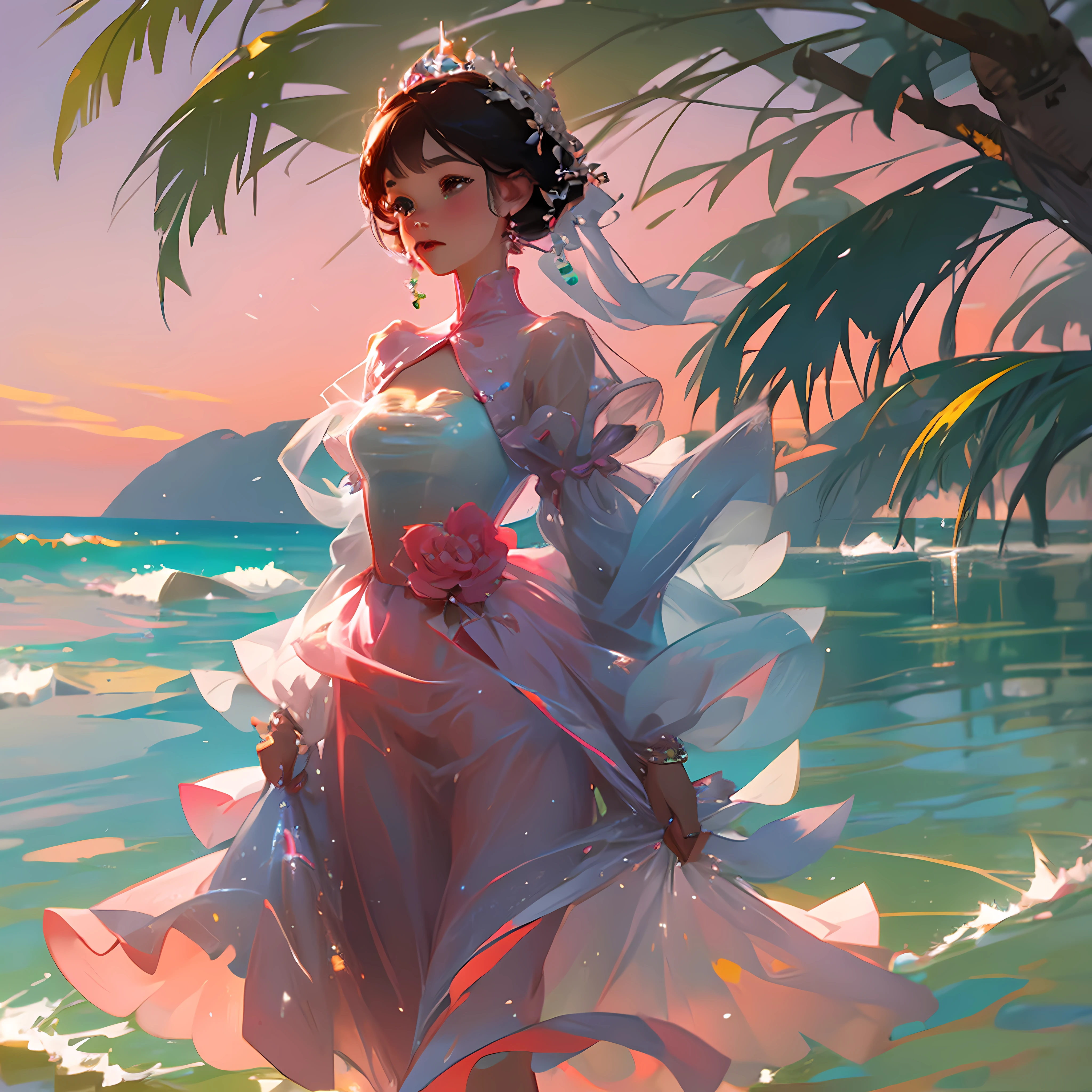 sea beach,coconut palms,bit girl,Pale pink skirt,Long hair,Barefoot,Hold hands with mom and dad,Wear a garland on your head --auto