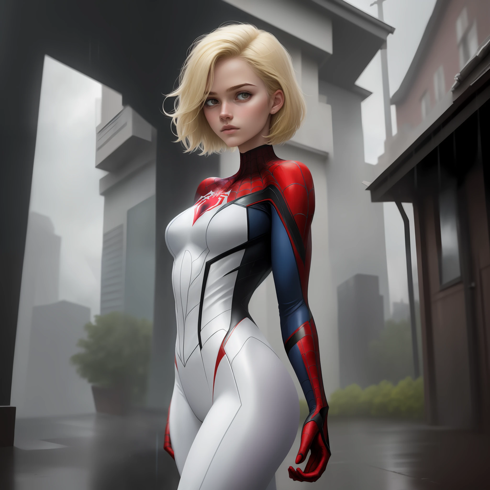 18 yo girl, white spider man suit, short blunt hair, blonde, beautiful face, rain, roof, masterpiece, intricate detail, perfect anatomy