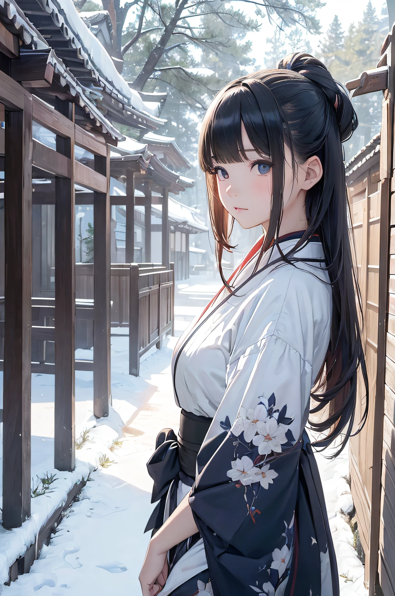 (Master masterpiece:1.3), Realistic epic、Cinematic lighting、absurderes, 超A high resolution, Highly detailed , 细致背景、Winters、snow cover、Plaster walls、gate、pine trees、a street、the morning sun、Japan kimono、1girl in、Blunt bangs、face perfect、Indigo and white as the main colors