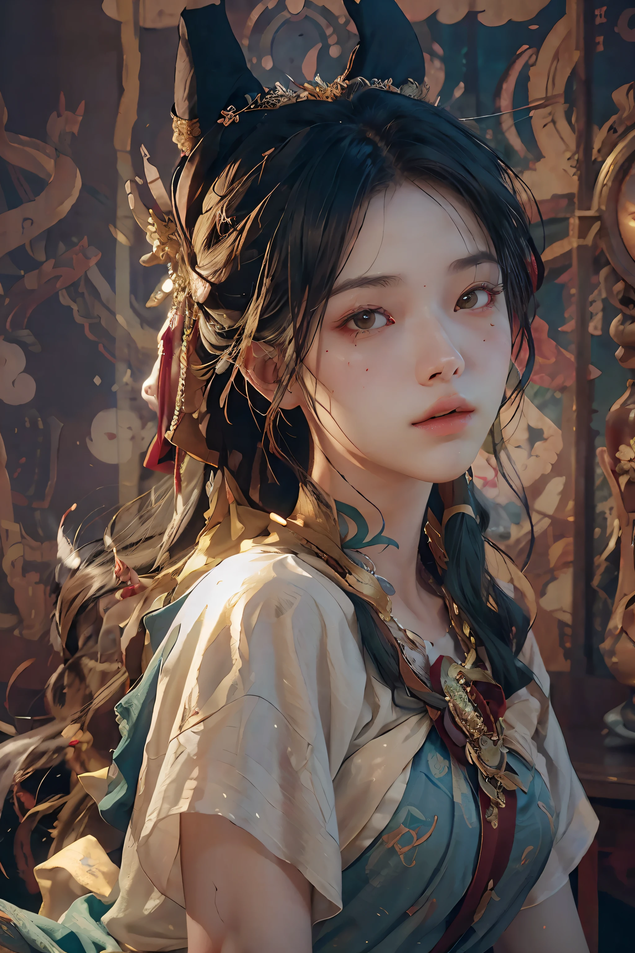 (RAW photo, best quality), (realistic, photo-realistic:1.3),best quality,highly detailed,masterpiece,ultra-detailed,illustration,1girl,upper_body,dynamic angle,world masterpiece theater,messy_long_hair,best quality,extremely detailed CG unity 8k wallpaper,ink,Amazing,cinematic lighting,lens_flare, dunhuang_style