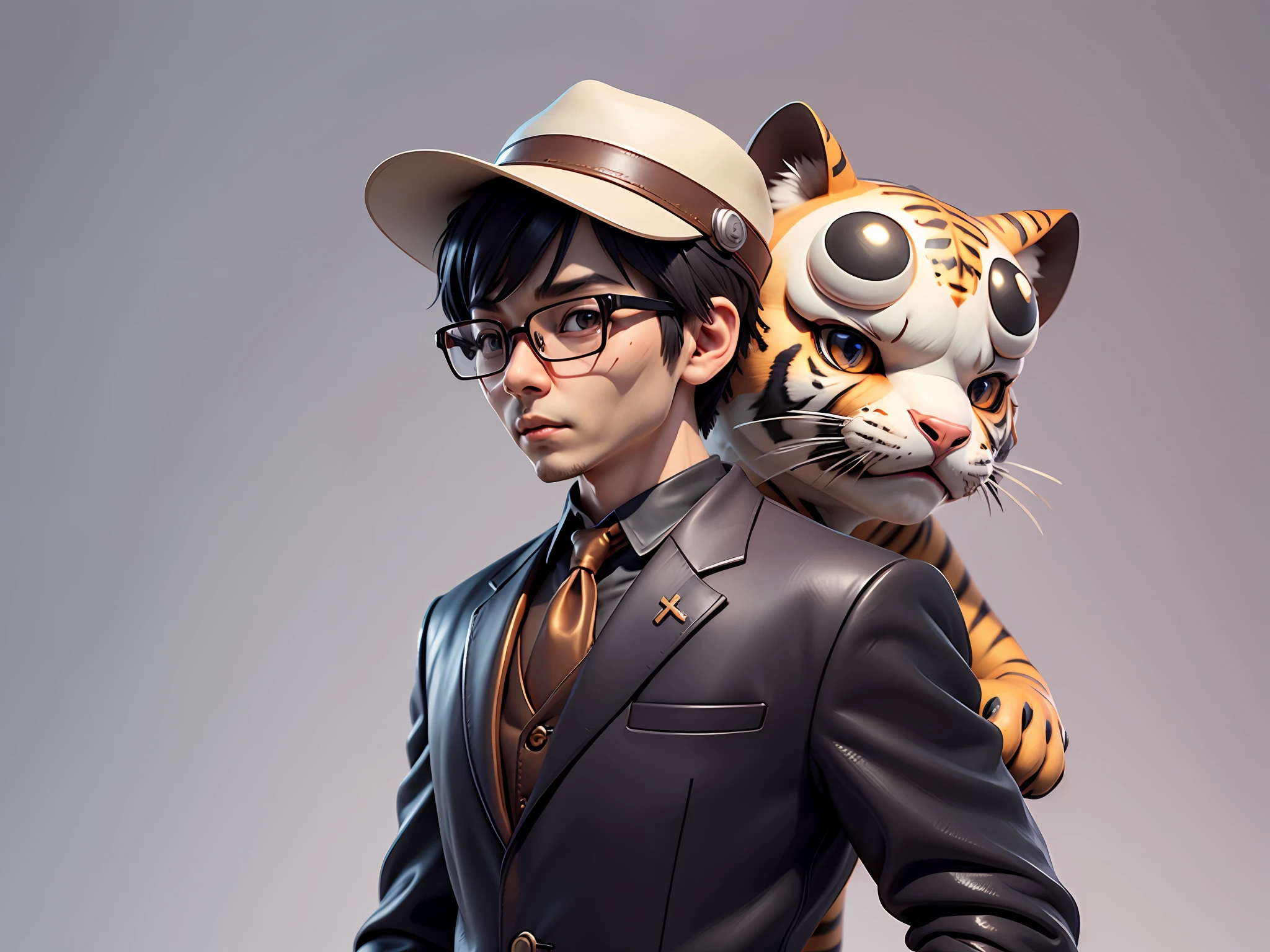 Young man with oriental face in leather hat, tiger, oriental face in formal suit, short black hair, silver glasses, digital painting, 3D character design by Mark Clairedon and Pixar and Hayao Miyazaki and Akira Toriyama, the illustration is a high-definition illustration in 4K resolution with very detailed facial features and cartoon-style visuals.