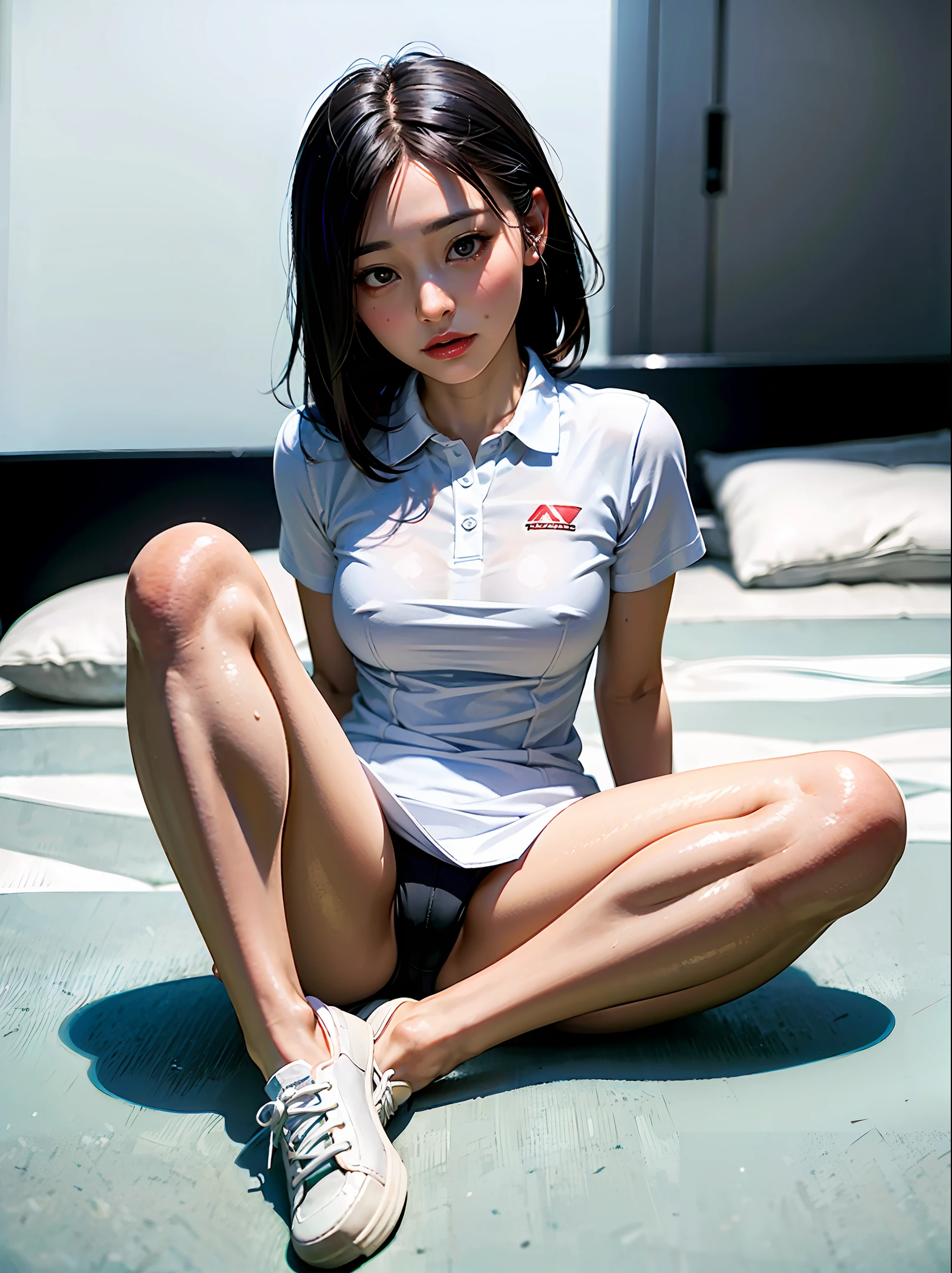 1girl, 独奏, White polo shirt, White sneakers, tennis wear, white mini-skirt, tmasterpiece, Best quality at best, realisticlying, ultra - detailed, (shiny skins, perspired:1.4), absurderes, looking at viewert, with short black hair, with brown eye,slenderness,Dynamic light and shadow,A high resolution,Sharp focus,depth of fields,The eyes are delicate,Sharp pupils,pupil realistic,Bigchest,(small thighs:1.0),on top of the bed,Translucent clothes