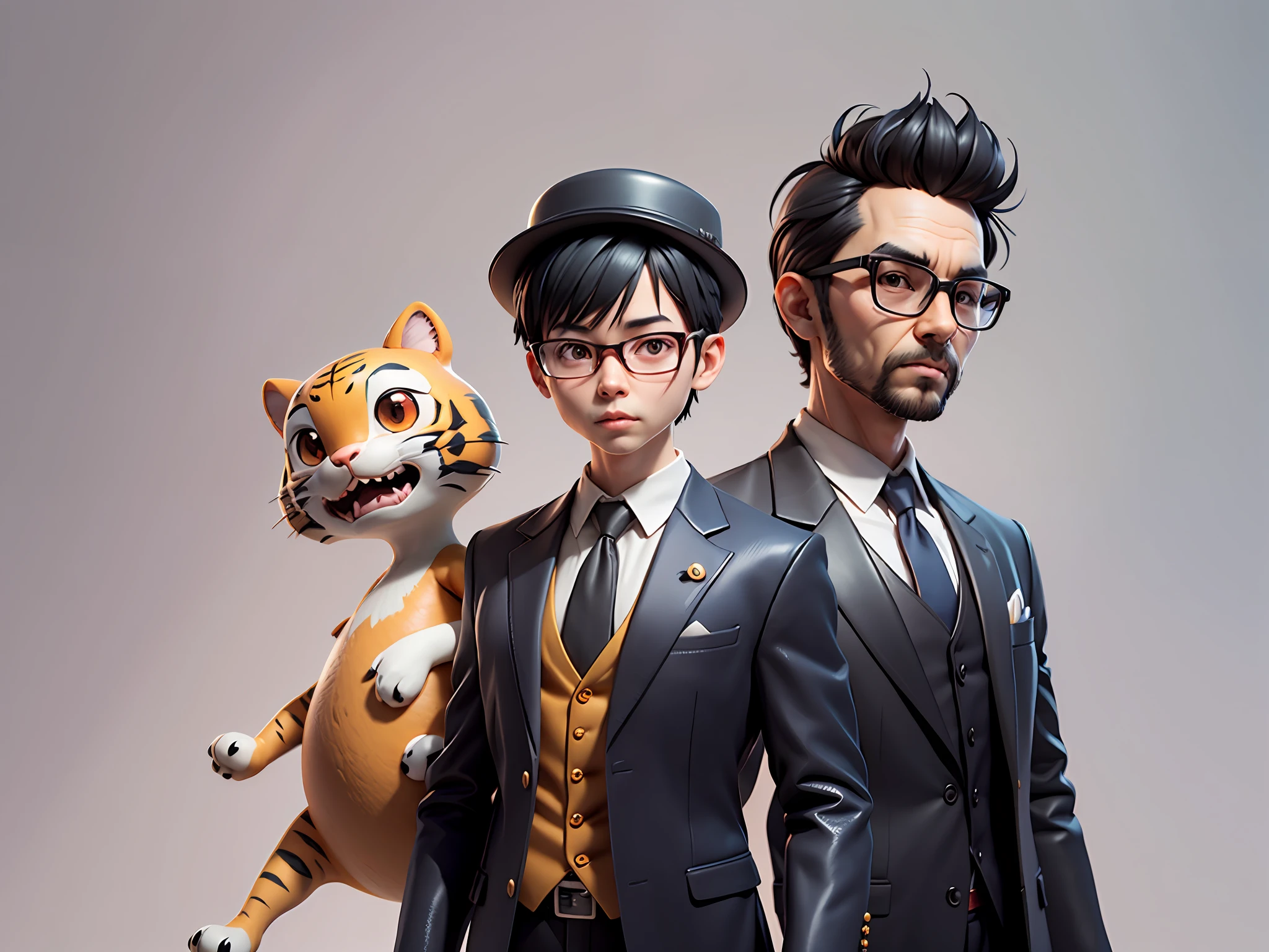 Young man with oriental face in leather hat, tiger, oriental face in formal suit, short black hair, silver glasses, digital painting, 3D character design by Mark Clairedon and Pixar and Hayao Miyazaki and Akira Toriyama, the illustration is a high-definition illustration in 4K resolution with very detailed facial features and cartoon-style visuals.