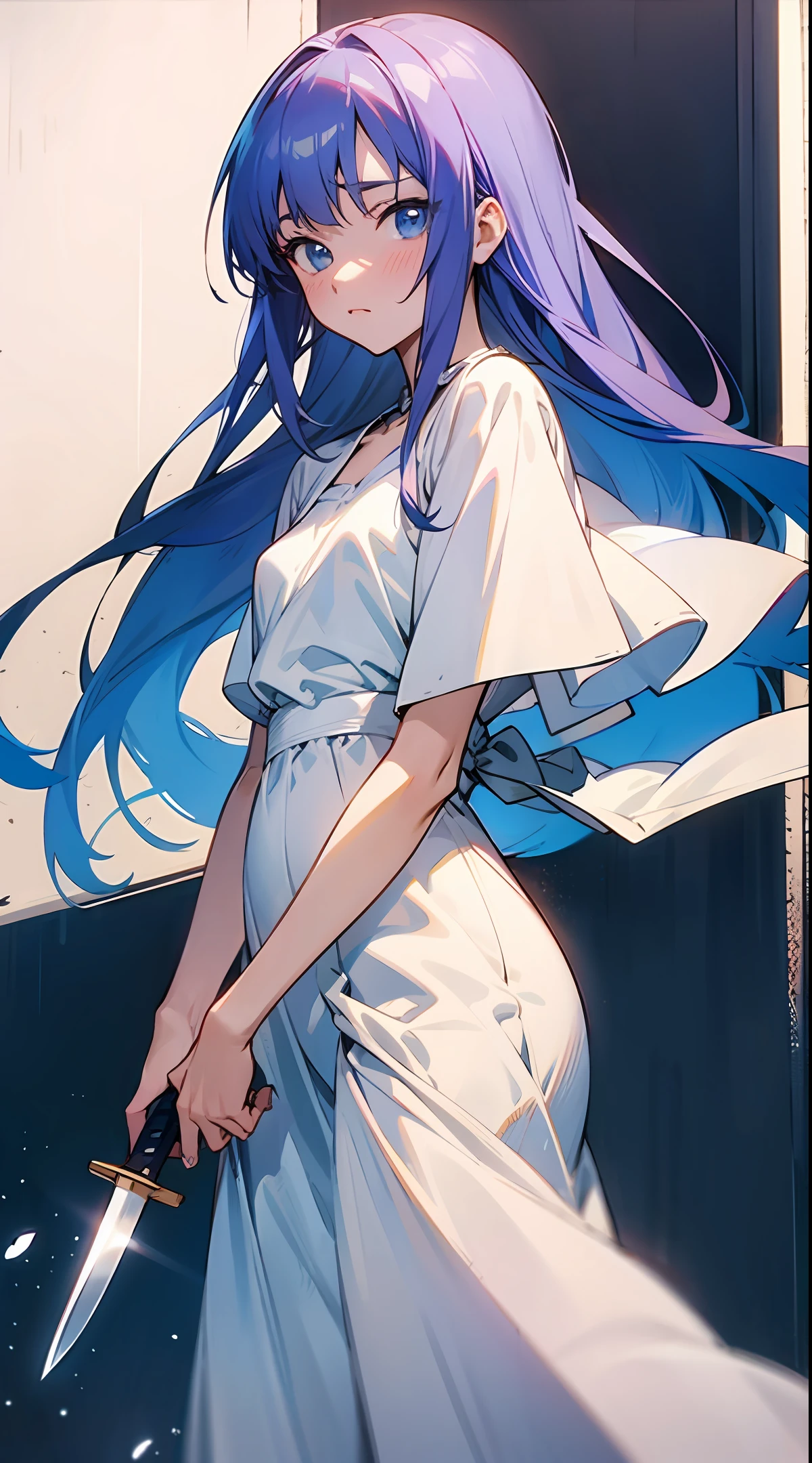 Anime shy beauty in white dress with knife