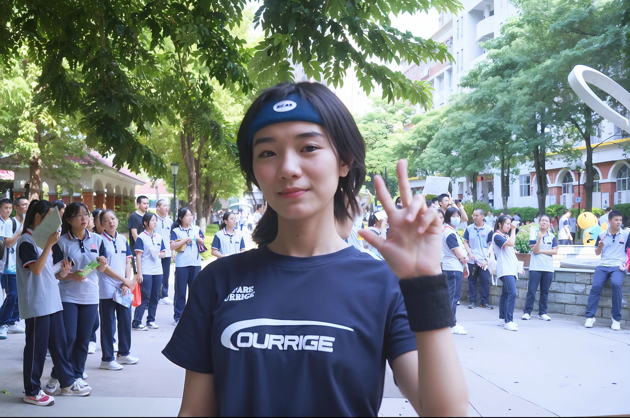 There was a woman standing in front of the crowd making a sign of peace, chiho, College, xintong chen, Zhang Wanting, Gemma Chen, Lu Ji, wearing the number 1 headband, Qiu Fang, wearing a volleyball jersey, wenfei ye, kazue kato, Good morning, Li Zixin, wei wang, Student, Yun Ling, Wu Liu