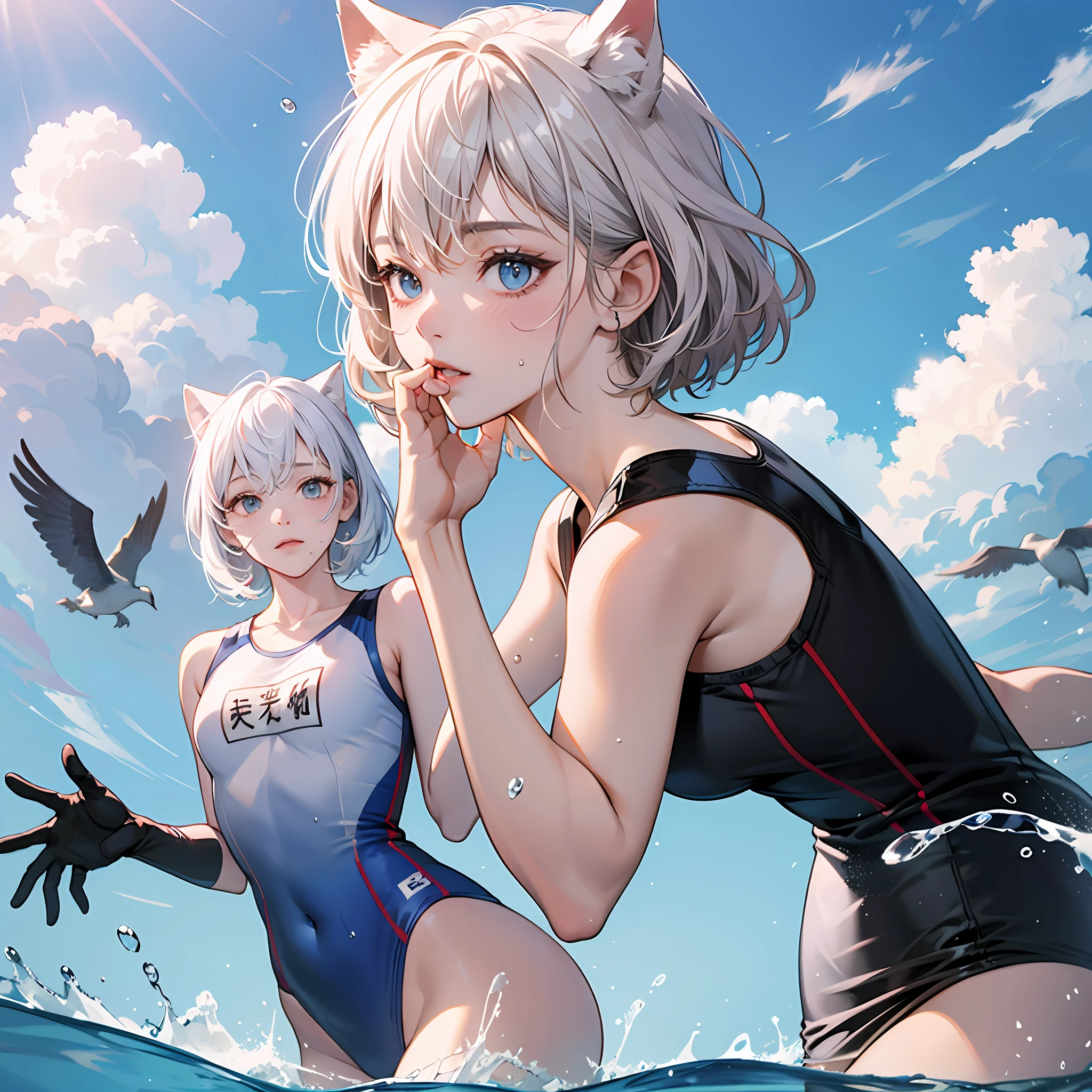 with short white hair,Royal sister,Heteropupil,orthofacial,Be red in the face,Ha gas,The clothes were wet with water,There is a pronounced pure white cloudy liquid on the face and mouth,Animal ears look cool,White liquid spreads all over the face,By bangs,Black half-leg stockings,swimming uniform,Model wind --auto