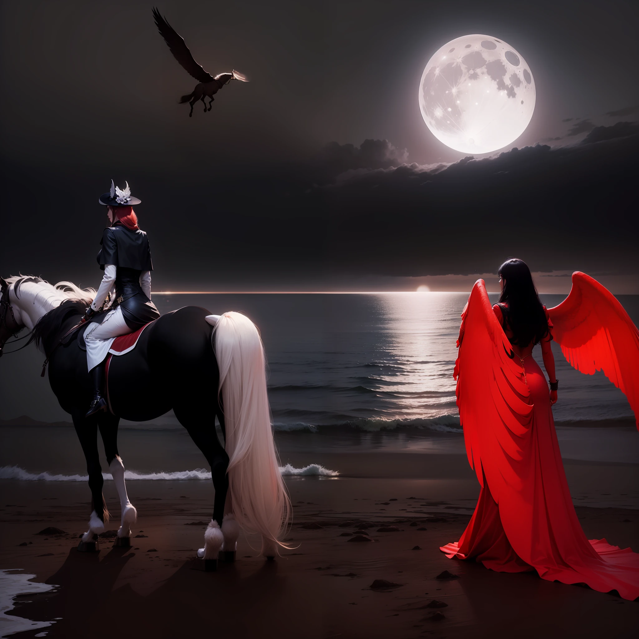 A woman on a white horse approaches a man by the sea and the moon is red, and there is another woman with red wings in a black dress looking at them from afar --auto