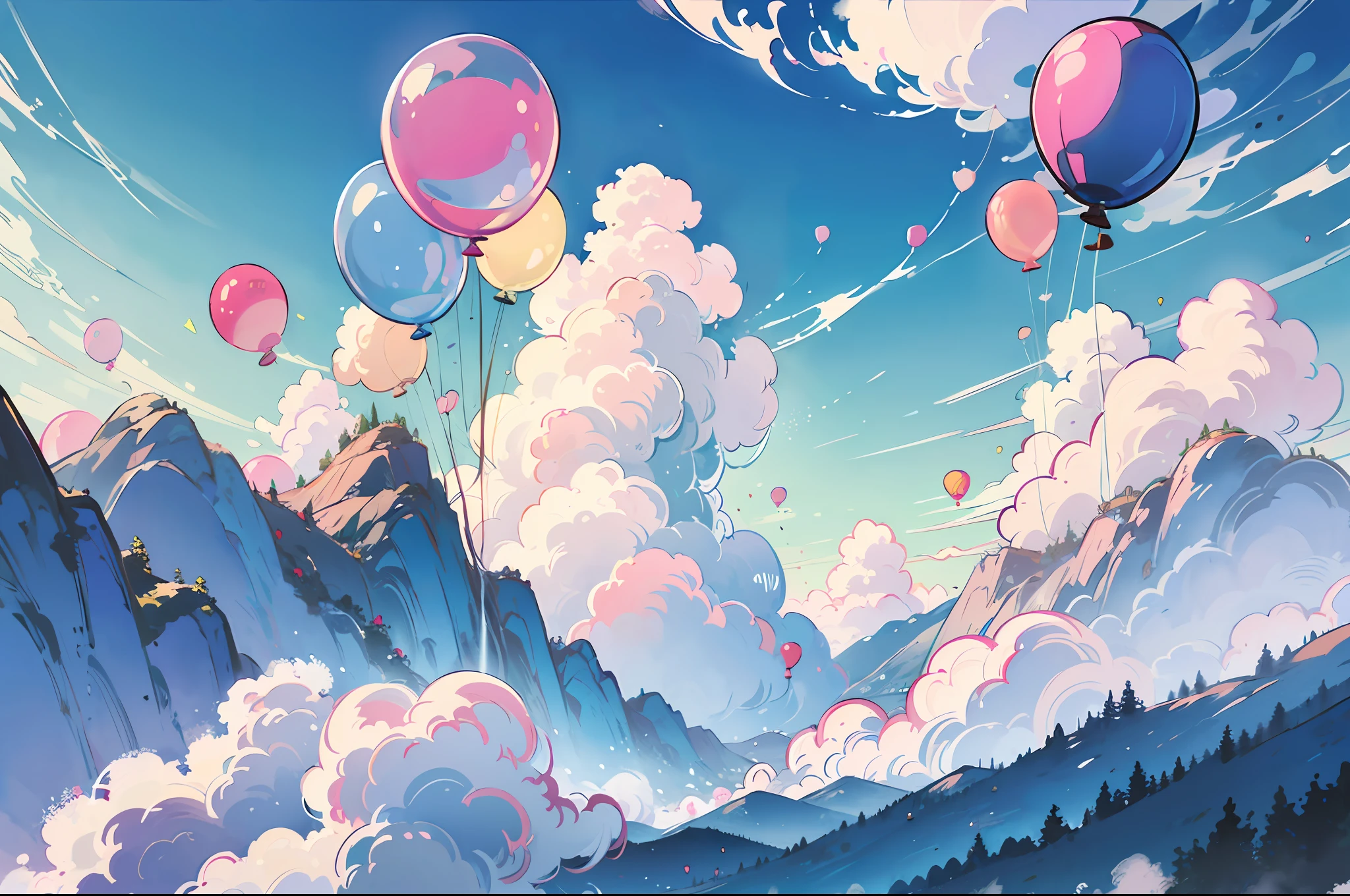 Wide sky, Countless colorful balloons, Brilliant clouds, fantasy、A dreamy sight, Various balloon colors and shapes, Convivial and mysterious atmosphere, The balloon floats gently, Add a unique scenery to the sky,