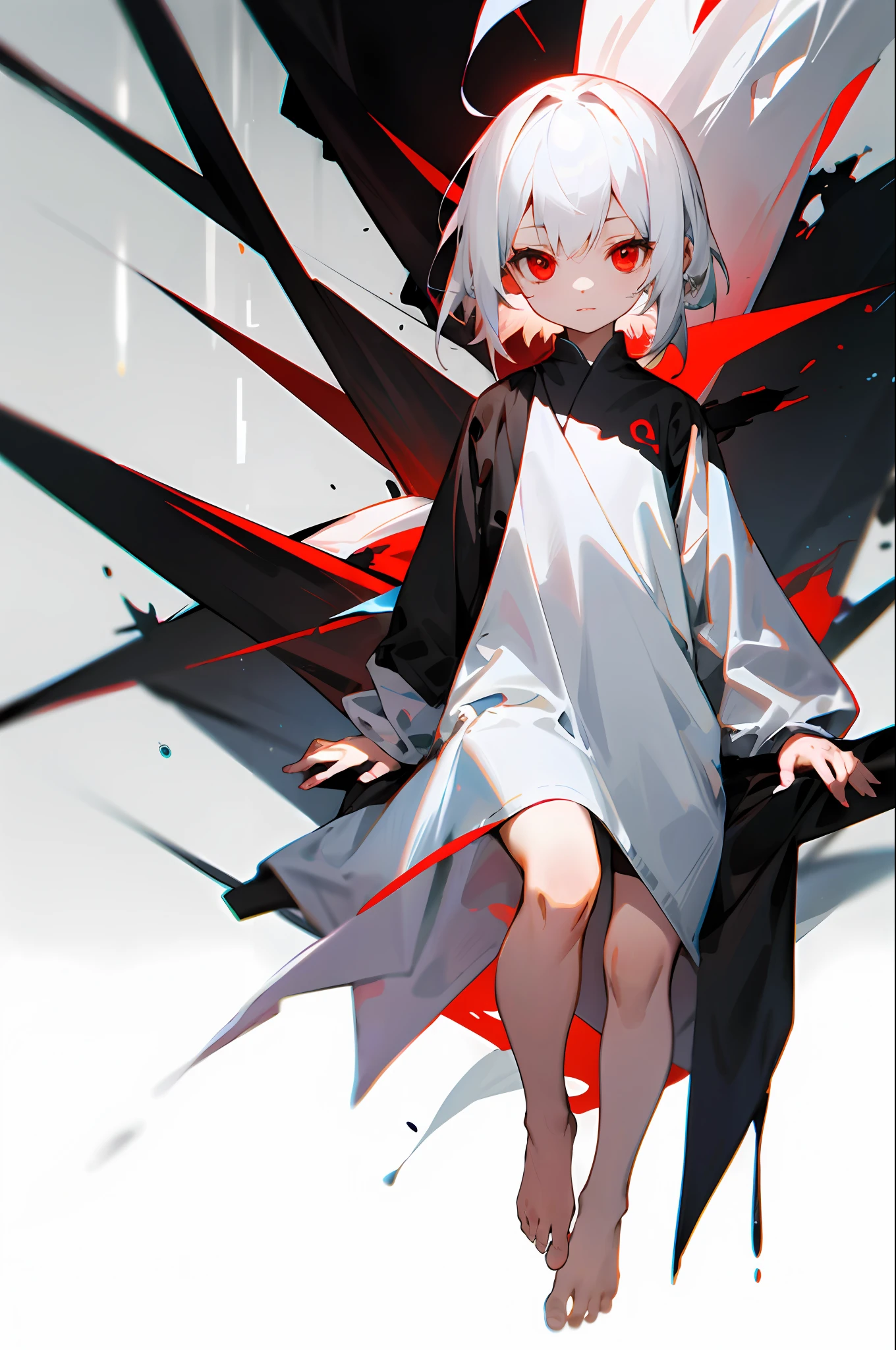 Barefoot,  girl, white hair, red eyes