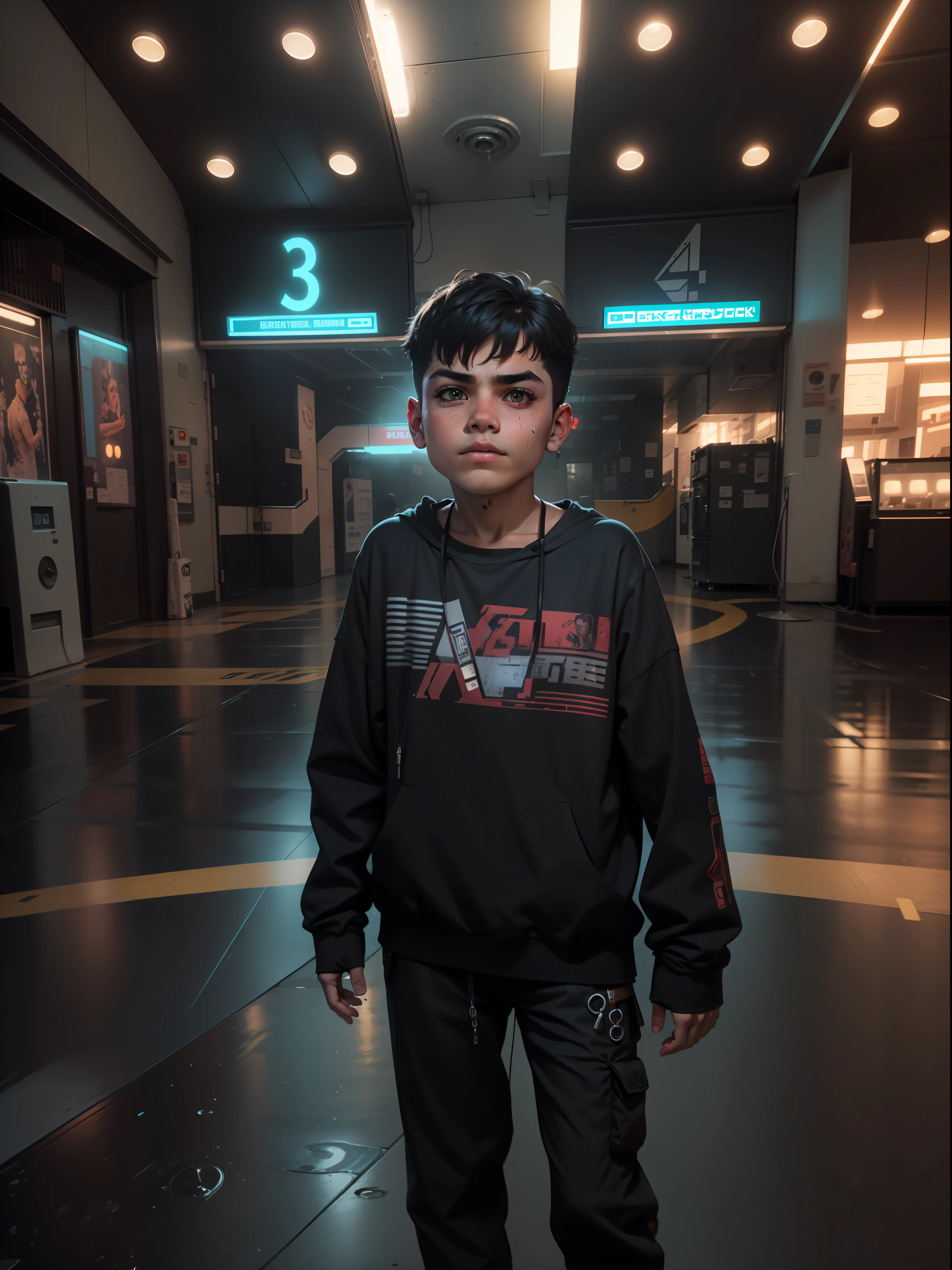 10 year old cyberpunk handsome boy, sharp eyebrows, change background, 8k,hd