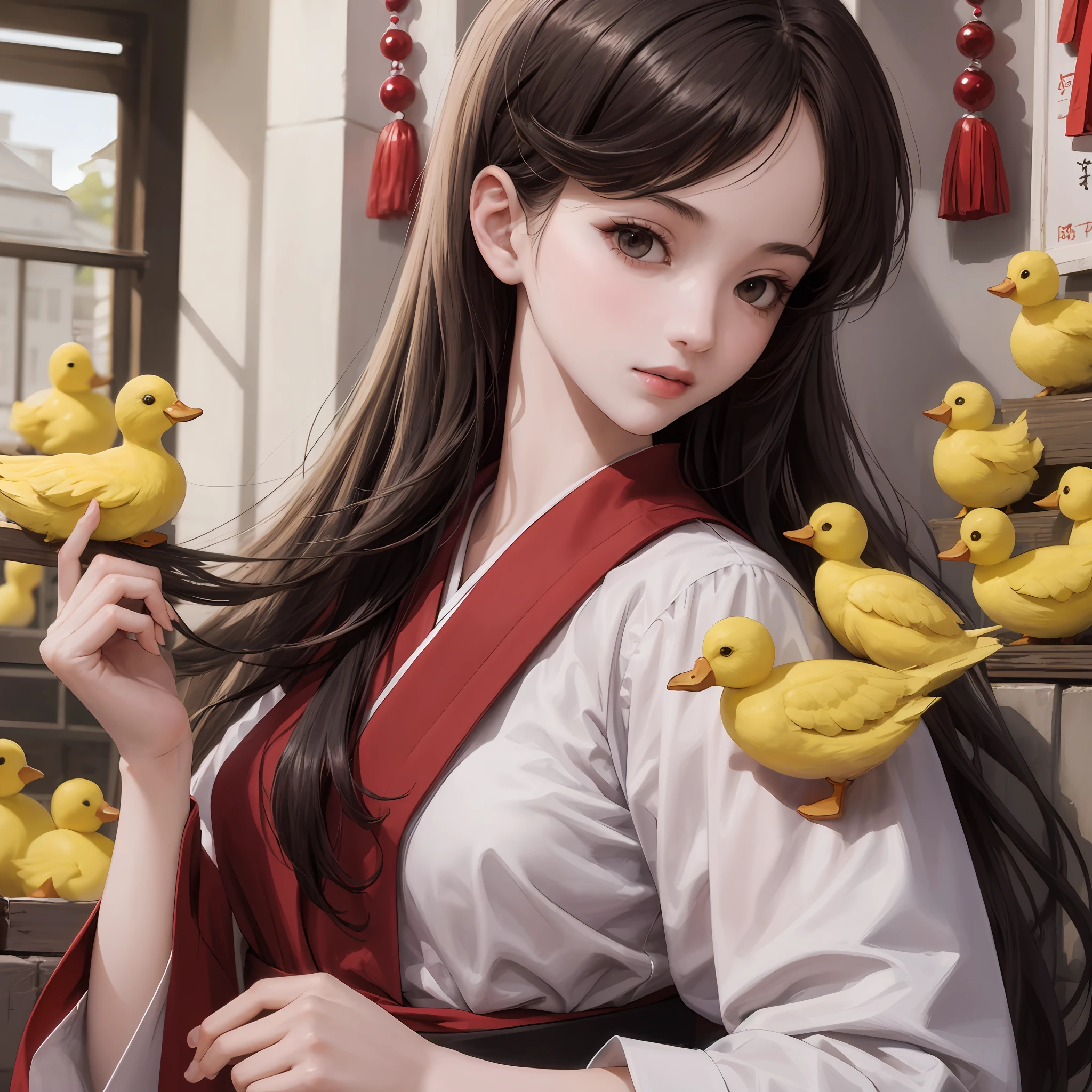 18yo Girl，Claret long hair，shrine maiden clothe，Little yellow duck on the head，Beautiful and immaculate face，simplicity --auto