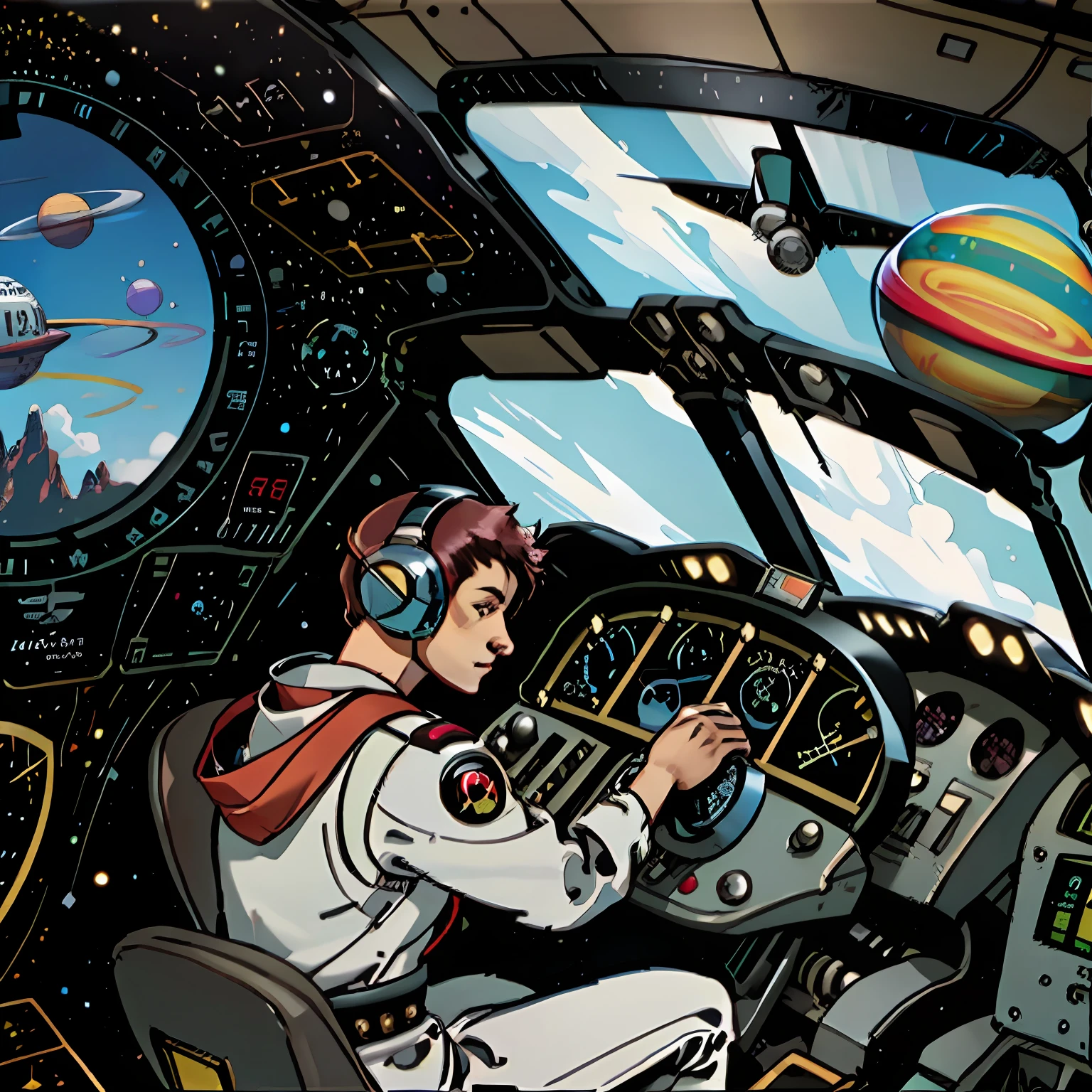 The pilot sits in the pit,Outside the window is the universe and colorful planets,Fine gauge in the cock