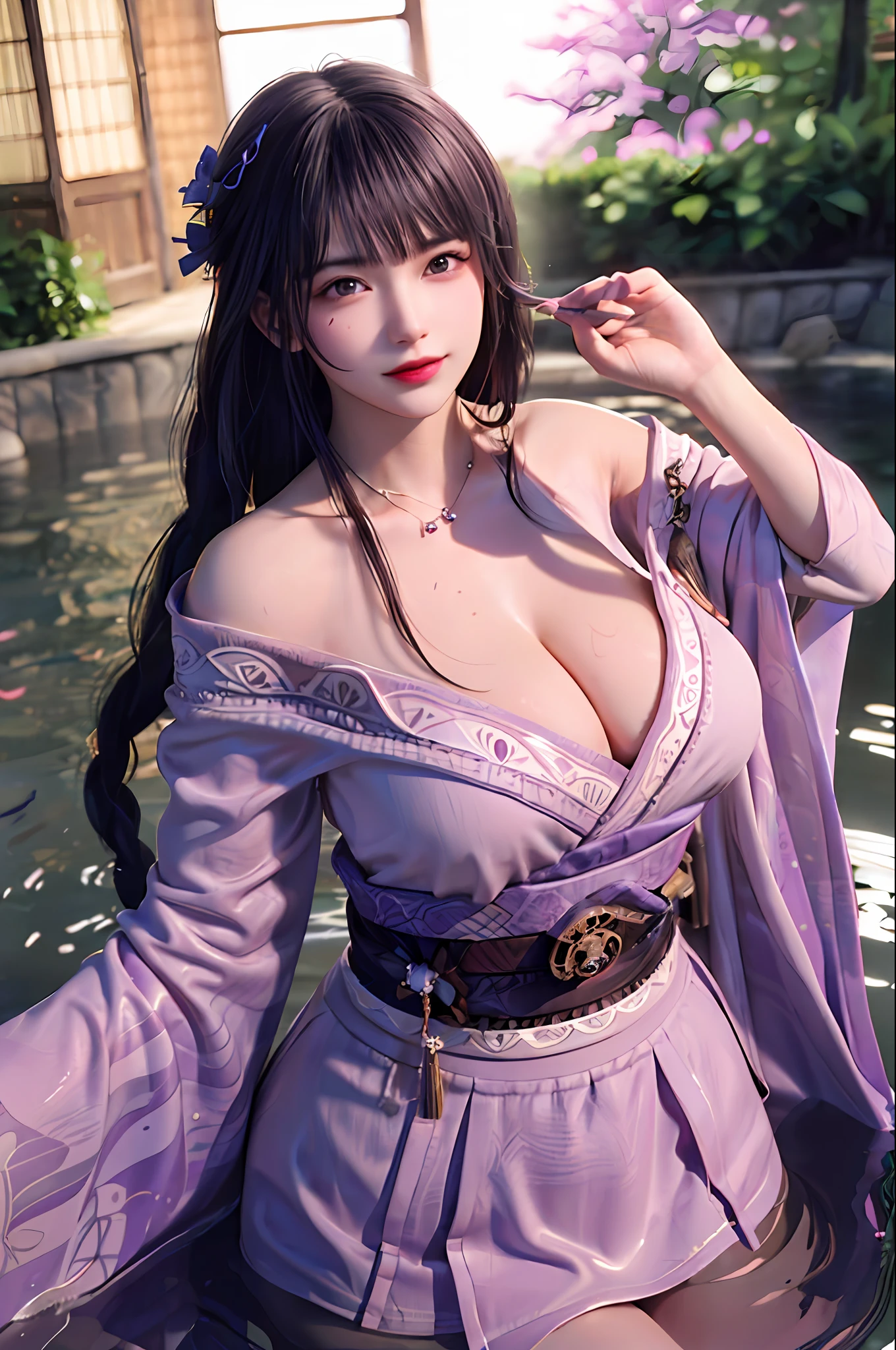 delicated best quality ,masterpiece, illustration, an extremely delicate and beautiful, extremely detailed ,CG ,unity ,8k wallpaper, Amazing, finely detail, masterpiece,best quality,official art,extremely detailed CG unity 8k wallpaper,absurdres, incredibly absurdres, huge filesize , ultra-detailed, highres, extremely detailed,beautiful detailed girl, extremely detailed eyes and face, beautiful detailed eyes,light on face,1girl, ((Raiden shogun/genshin impact), (Super realistic), (((purple hair))), ((single braids)), ((braided ponytail)), (bangs), ((purple eyes)), ((jewelry)), (((describe the arm in detail))), ((anatomically accurate)), (((Super boobs))), ((Big ass)), ((thighs)), ((Detailed description of the legs)), ((Plump body)), (Big breasts), ((Plump boobs)),, (detailed description of hair), (ruby necklace), (gem earrings),
((upper body)), (Bare shoulder), ((collarbone)), ((offshoulder)), (Shiny skin), (detailed description of face), (detailed description of body), (white and translucent skin), peerless beauty, (extreme beauty), (red lips), (shy ), ( smile), ((facing the viewer)), ((facing)), ((Japanese clothes)), (((kimono))), ((long sleeves)), ((wide sleeves)), ((Japanese hot spring)), the water surface is reflective, (any pose), (((soaked))), ((Soak your feet in the Water)), ((There is a lot of water on the body))