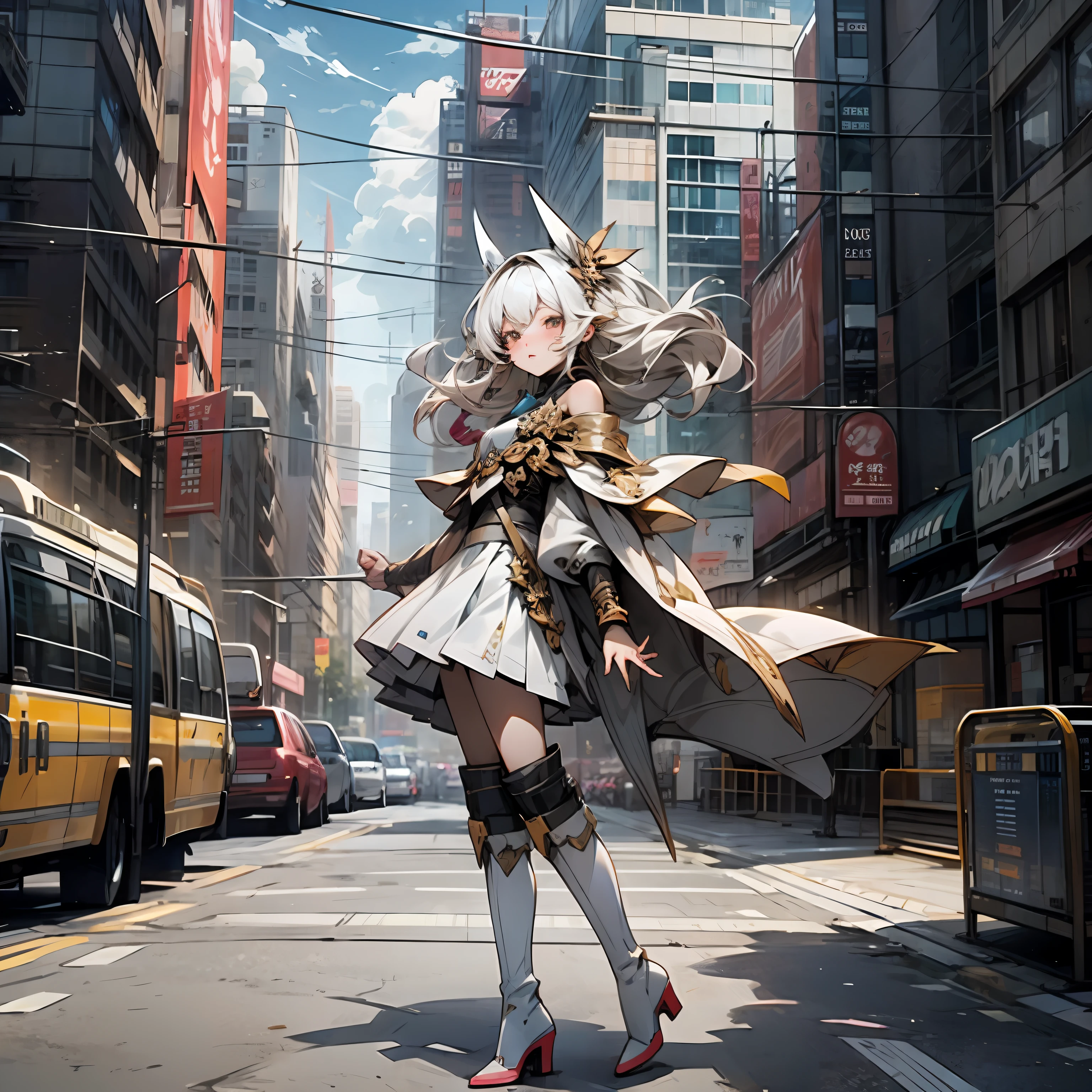 whaite hair,white skirt,cropped shoulders,Long white boots,On city tall buildings,brightly,Anime line style --auto