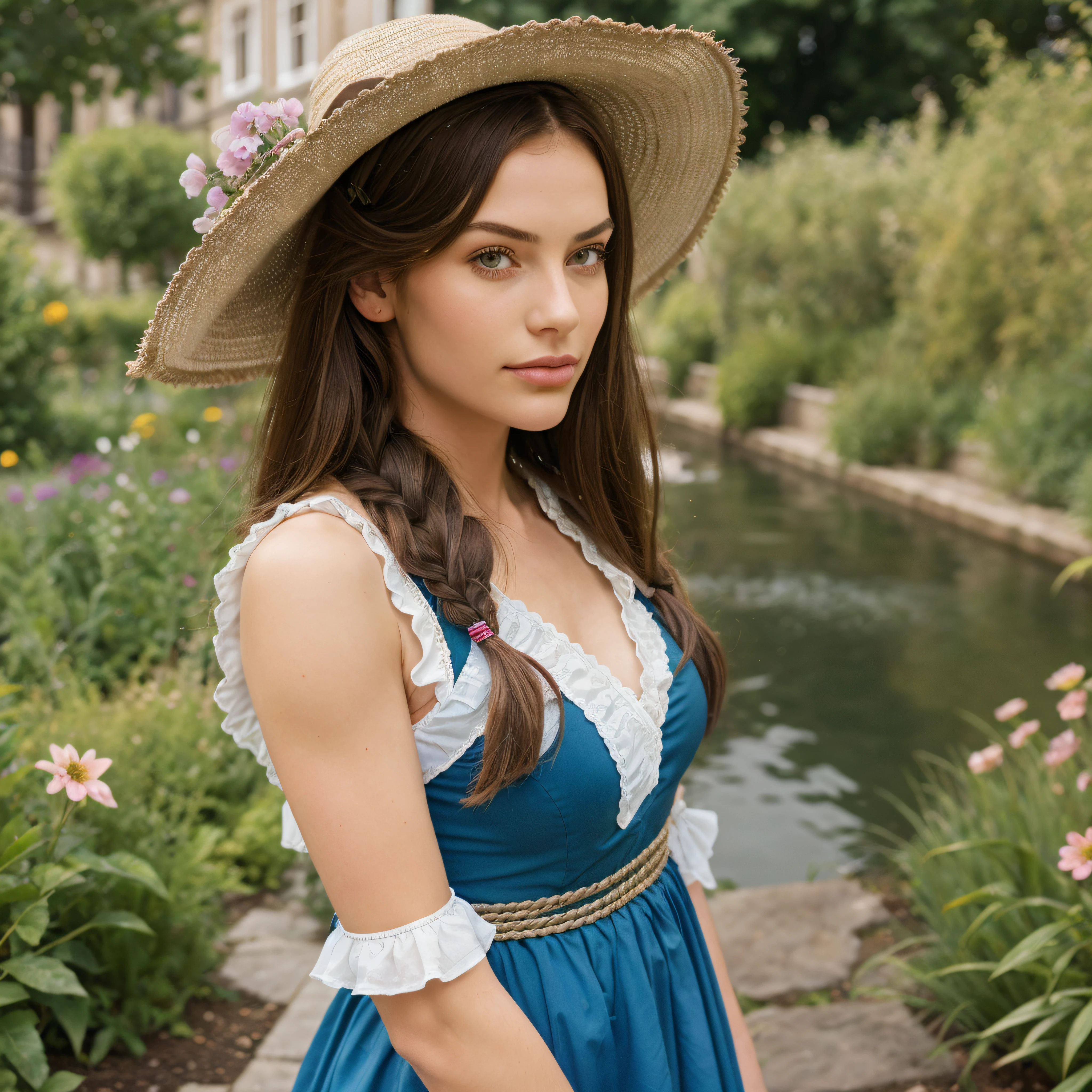 upper body, (best quality), (masterpiece), (solo), 1girl, brown hair, brown eyes, braided hair, blue dress, hat, 19th century european city, garden, flowers, river, looking at viewer,