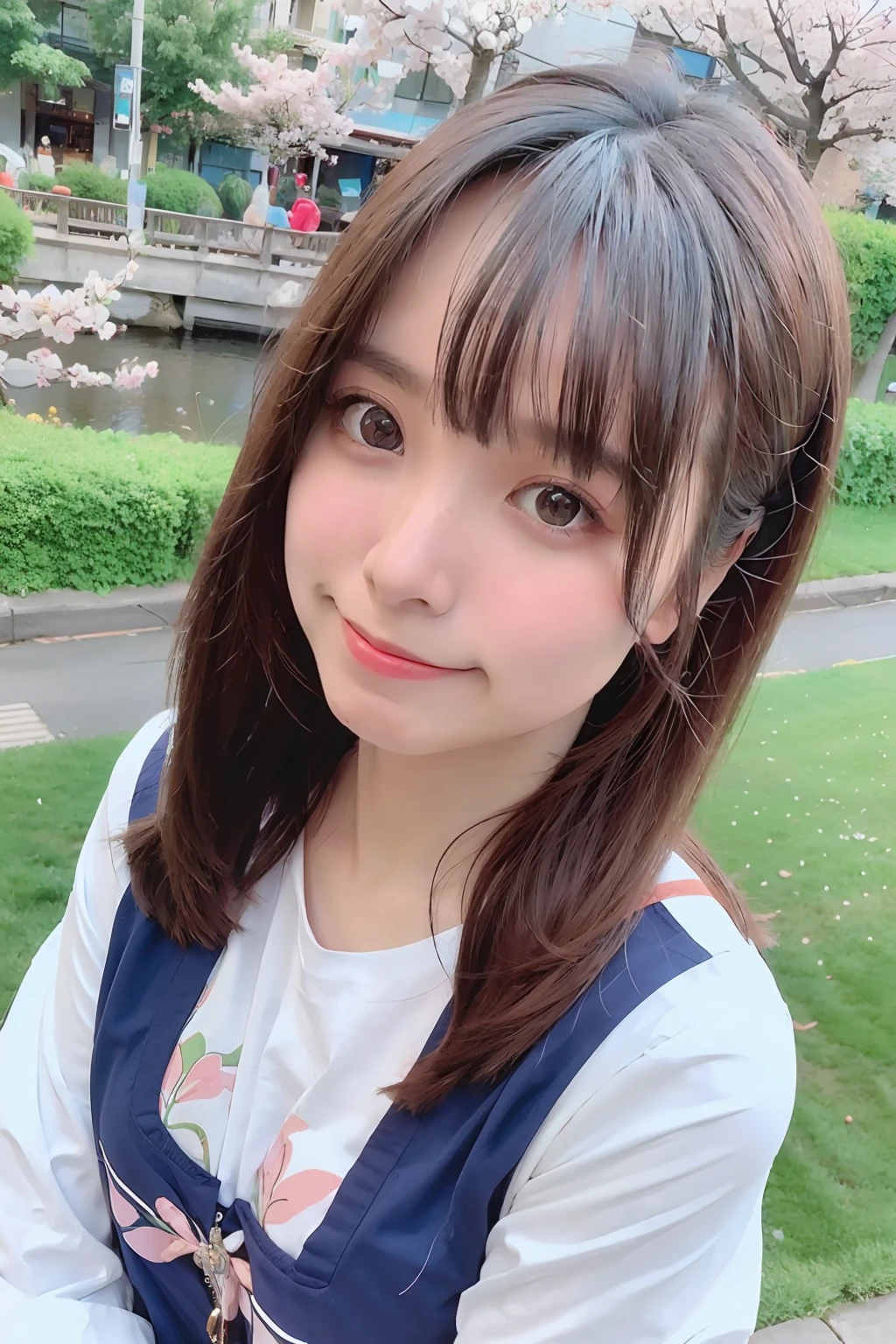 best quality, ultra high res, (photorealistic:1.4),blush,cute,(detailed face),light smile, 
looking at viewer,
upper body, japanese clothes, 
sunny,river,(cherry blossoms),blue sky,