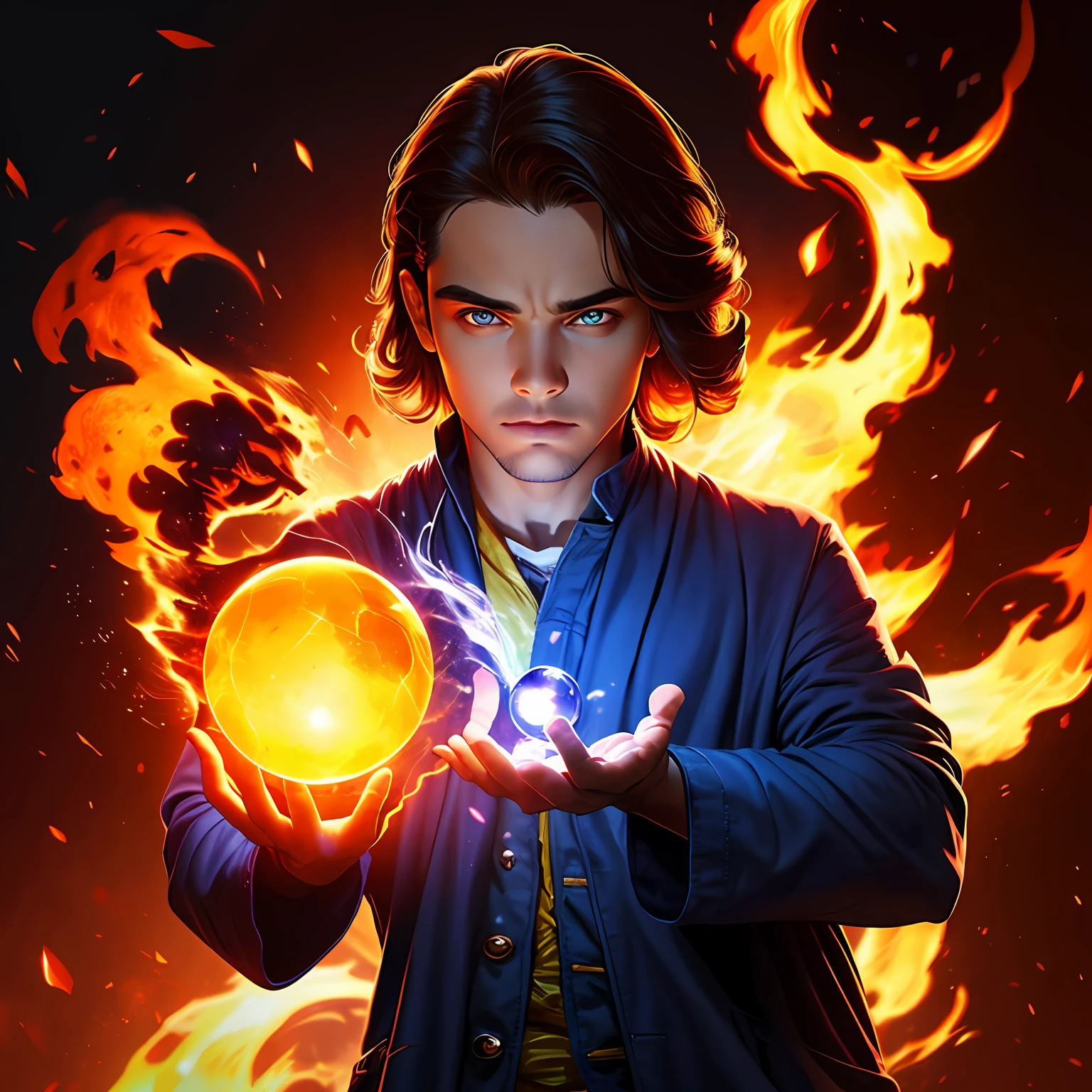 branco, loiro, cabelo cacheado, olhos azuis, holding a magic ball of fire --auto