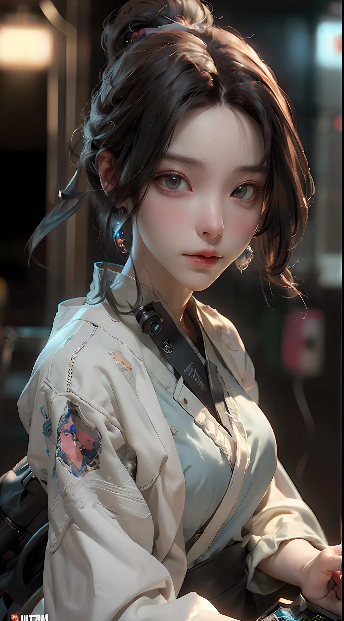 ((Best quality)), ((masterpiece)), (detailed:1.4), 3D, an image of a beautiful cyberpunk female,HDR (High Dynamic Range),Ray Tracing,NVIDIA RTX,Super-Resolution,Unreal 5,Subsurface scattering,PBR Texturing,Post-processing,Anisotropic Filtering,Depth-of-field,Maximum clarity and sharpness,Multi-layered textures,Albedo and Specular maps,Surface shading,Accurate simulation of light-material interaction,Perfect proportions,Octane Render,Two-tone lighting,Wide aperture,Low ISO,White balance,Rule of thirds,8K RAW,