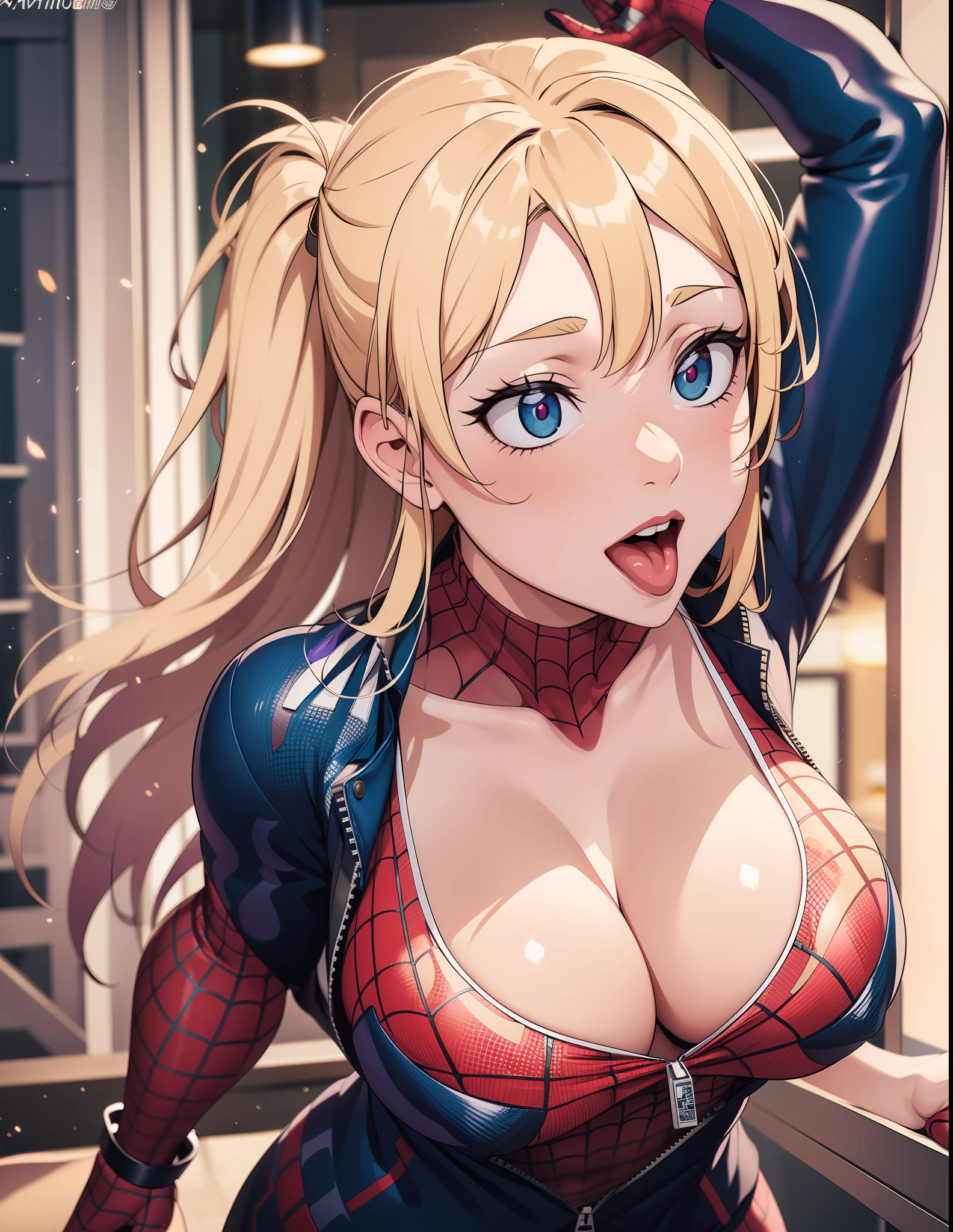 3D female Spider-Man,Sexy flight in the background,dynamicposes,tmasterpiece,A high resolution,realisticlying,best qualtiy,lighting perfect,AV-Adult,mature,femele,1girll,8K,realisticlying,photograph realistic,ultra - detailed,full bodyesbian,tmasterpiece, High- sharpness, high high quality, Detailed face, detailed body render,独奏,Sleeveless clothing,big cleavage breasts,, Sleeveless shirt,, Dark lips, Unzipped jacket, exhibitionism,No bras, breasts out,, standing on your feet, Be red in the face, (In the bedroom),Full body photo,Orgasmic face,Mouth open,tidy hair