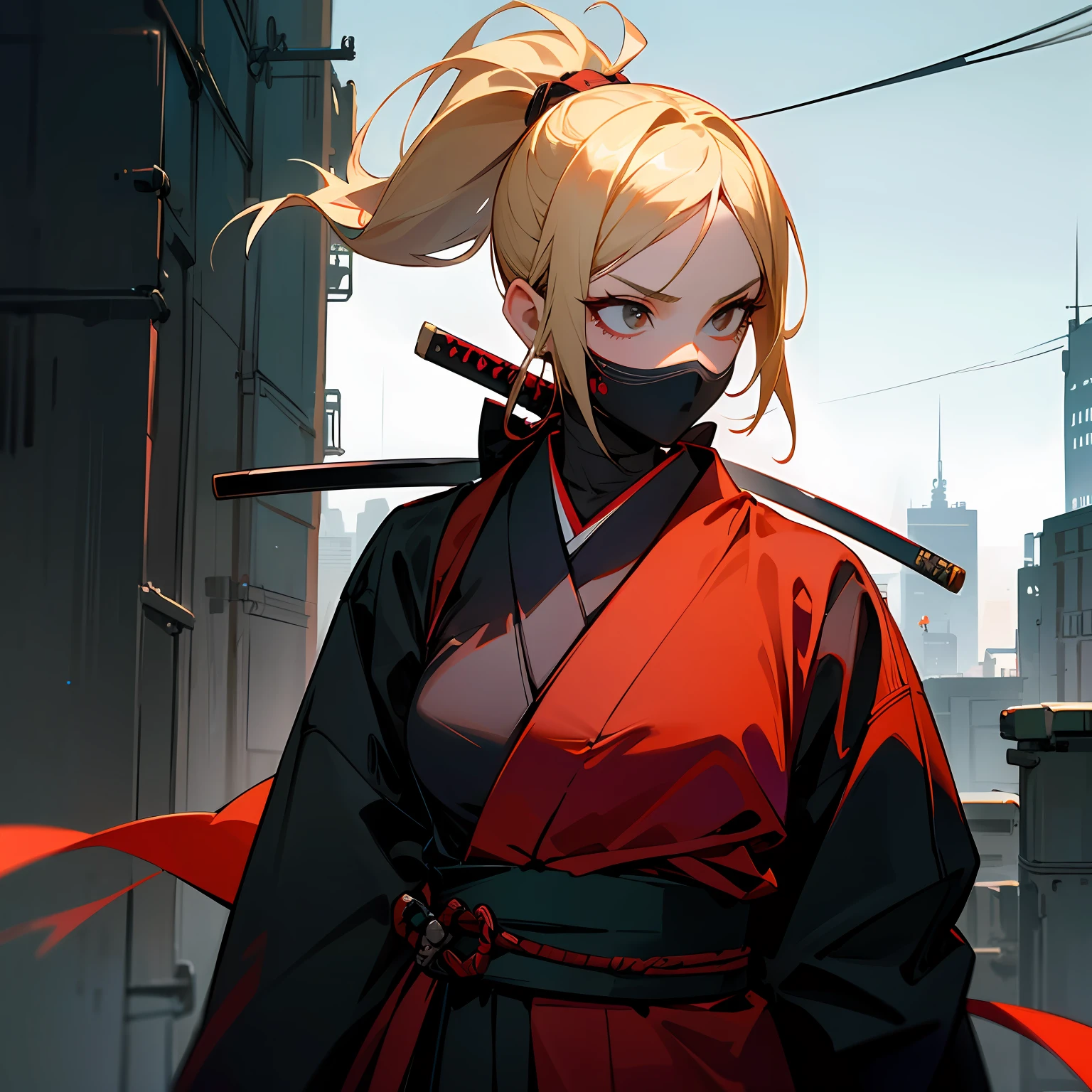 Blonde girl，High ponytail， Red samurai kimono, katana swords,Female ninja，Cyberpunk city setting,preparing to fight， Future reality, The upper part of the body, Textured skin, Super detail, High details, Best quality, A high resolution, 8K quality --auto