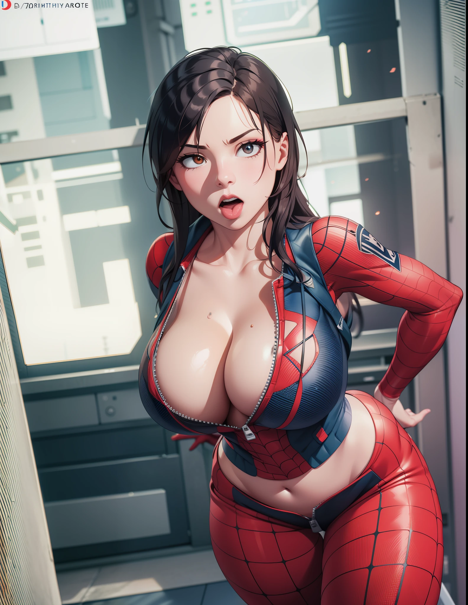 3D female Spider-Man，Sexy flight in the background，dynamicposes，tmasterpiece，A high resolution，realisticlying，best qualtiy，lighting perfect，AV-Adult，mature，femele，1girll，8K，realisticlying，photograph realistic，ultra - detailed，full bodyesbian，tmasterpiece， High- sharpness， high high quality， Detailed face， detailed body render，独奏，Sleeveless clothing，big cleavage breasts，， Sleeveless shirt，， Dark lips， Unzipped jacket， exhibitionism，No bras， breasts out，， standing on your feet， Be red in the face， （In the bedroom），Full body photo，Orgasmic face，Mouth open，tidy hair