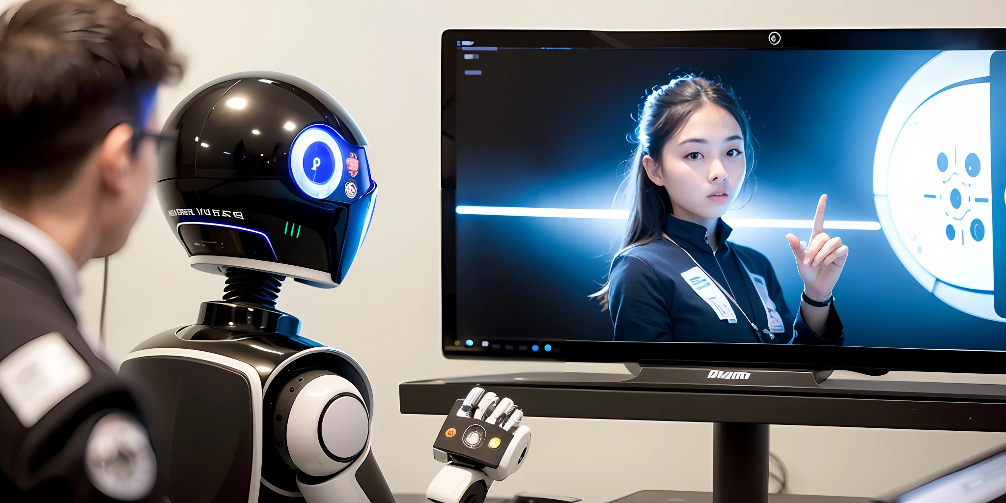A student in a futuristic classroom in front of a computer interacting with a robot